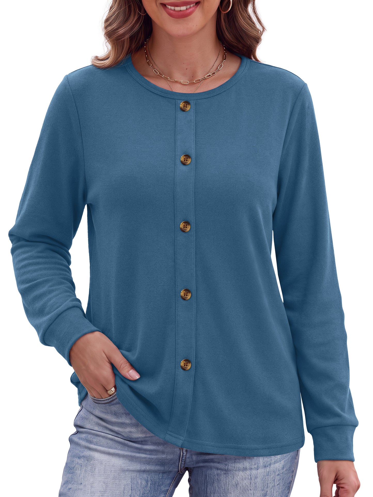 MOSHU Crewneck Sweatshirts for Women Decorative Buttons Long Sleeve Shirts Fashion Pullover Womens Sweatshirts Fall Tops