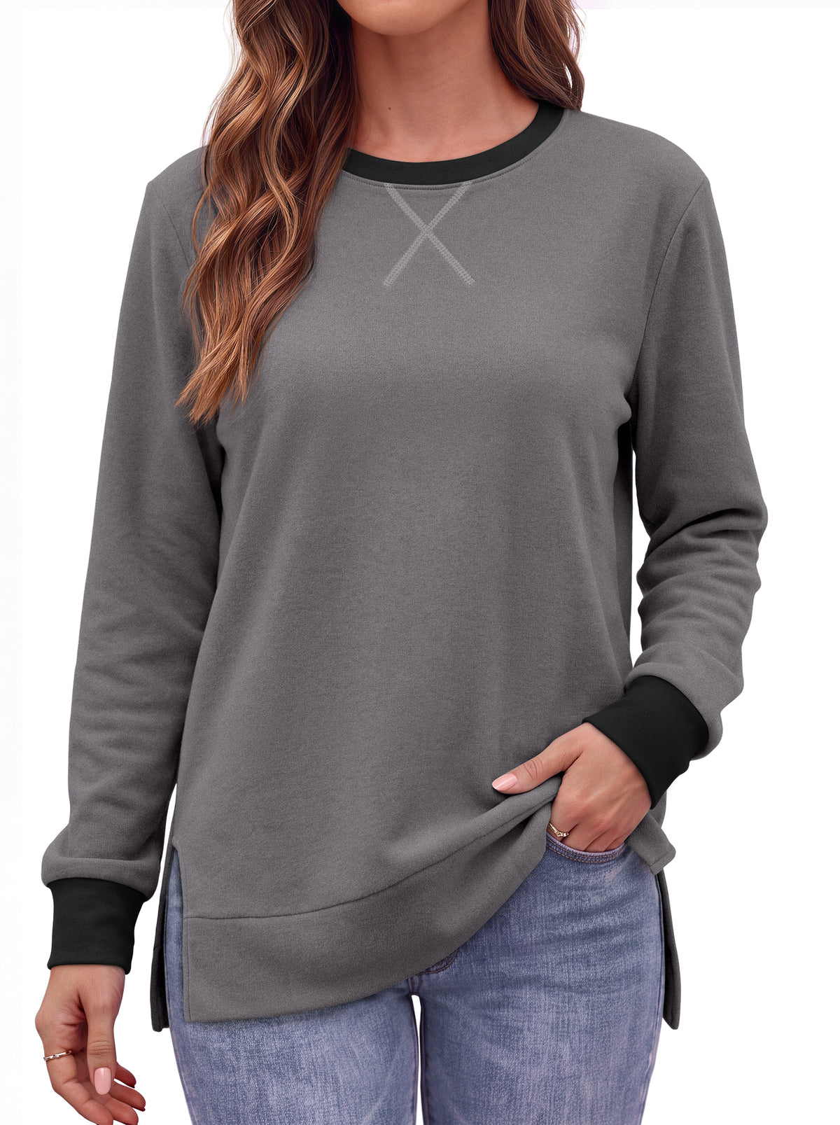 MOSHU Color Block Sweatshirts for Women Side Split Long Sleeve Shirts Crewneck Fall Womens Tops Casual Outfits