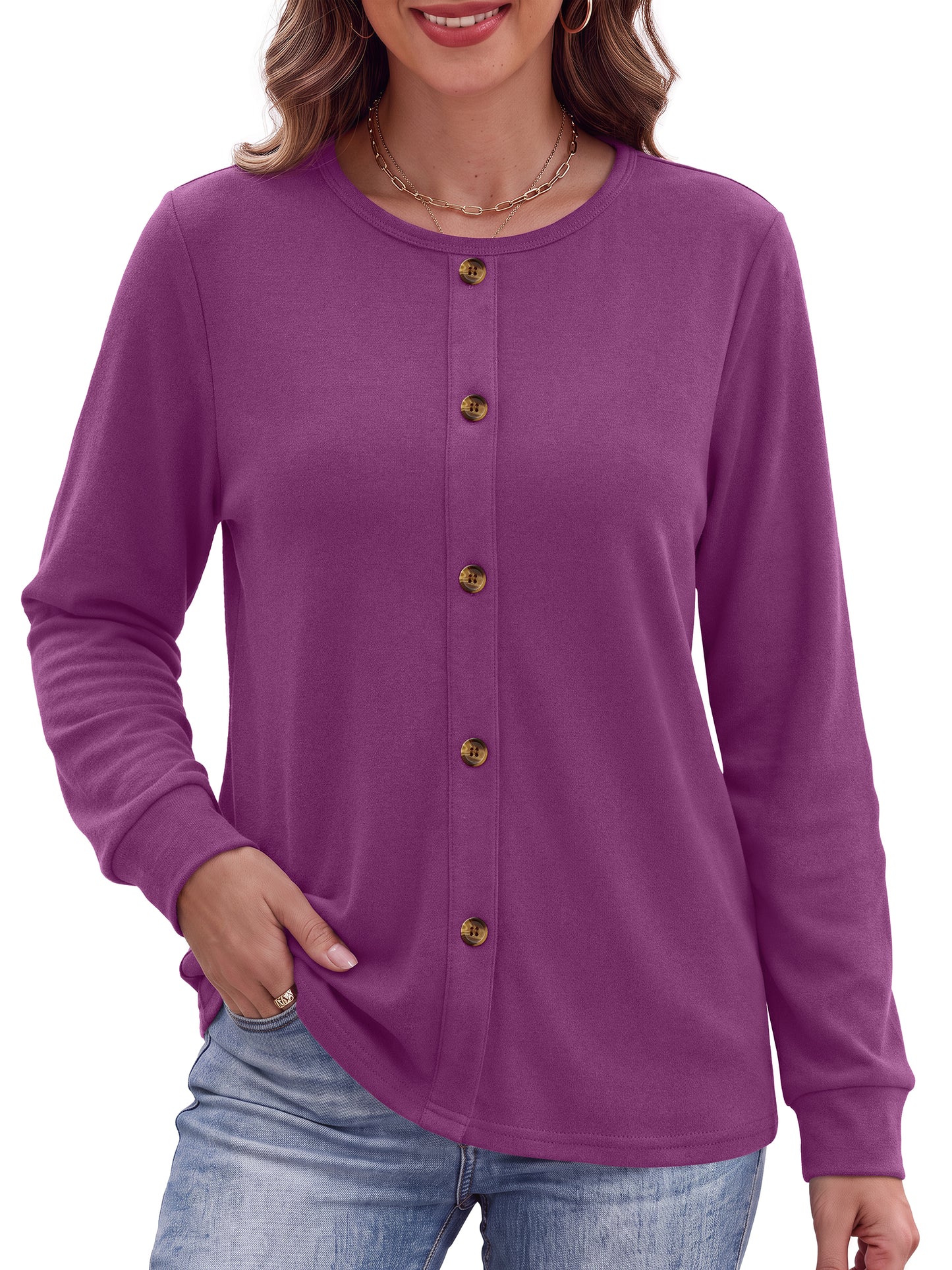MOSHU Crewneck Sweatshirts for Women Decorative Buttons Long Sleeve Shirts Fashion Pullover Womens Sweatshirts Fall Tops