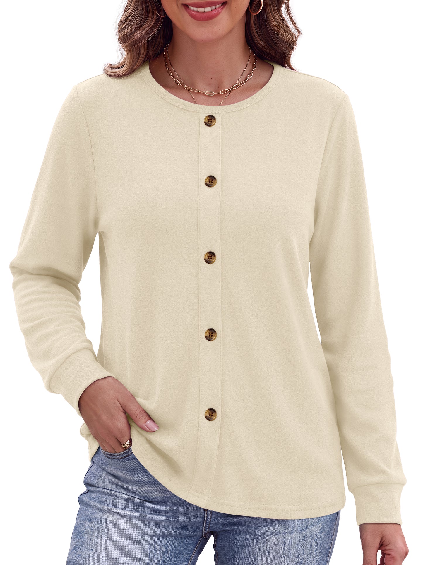 MOSHU Crewneck Sweatshirts for Women Decorative Buttons Long Sleeve Shirts Fashion Pullover Womens Sweatshirts Fall Tops
