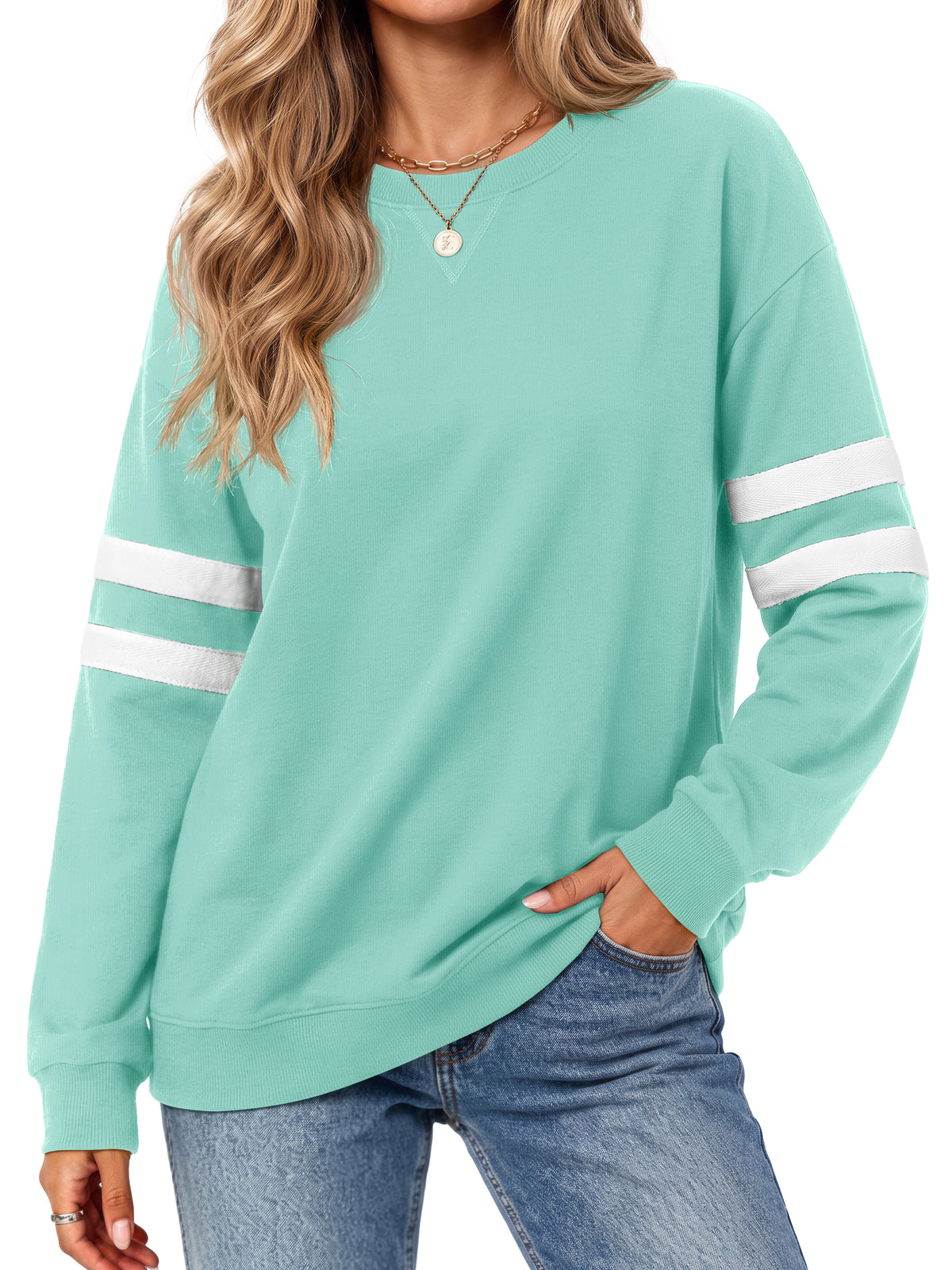 MOSHU Crewneck Sweatshirts for Women Striped Long Sleeve Shirts Fashion Fall Womens Sweatshirts Casual Fall Pullover Tops