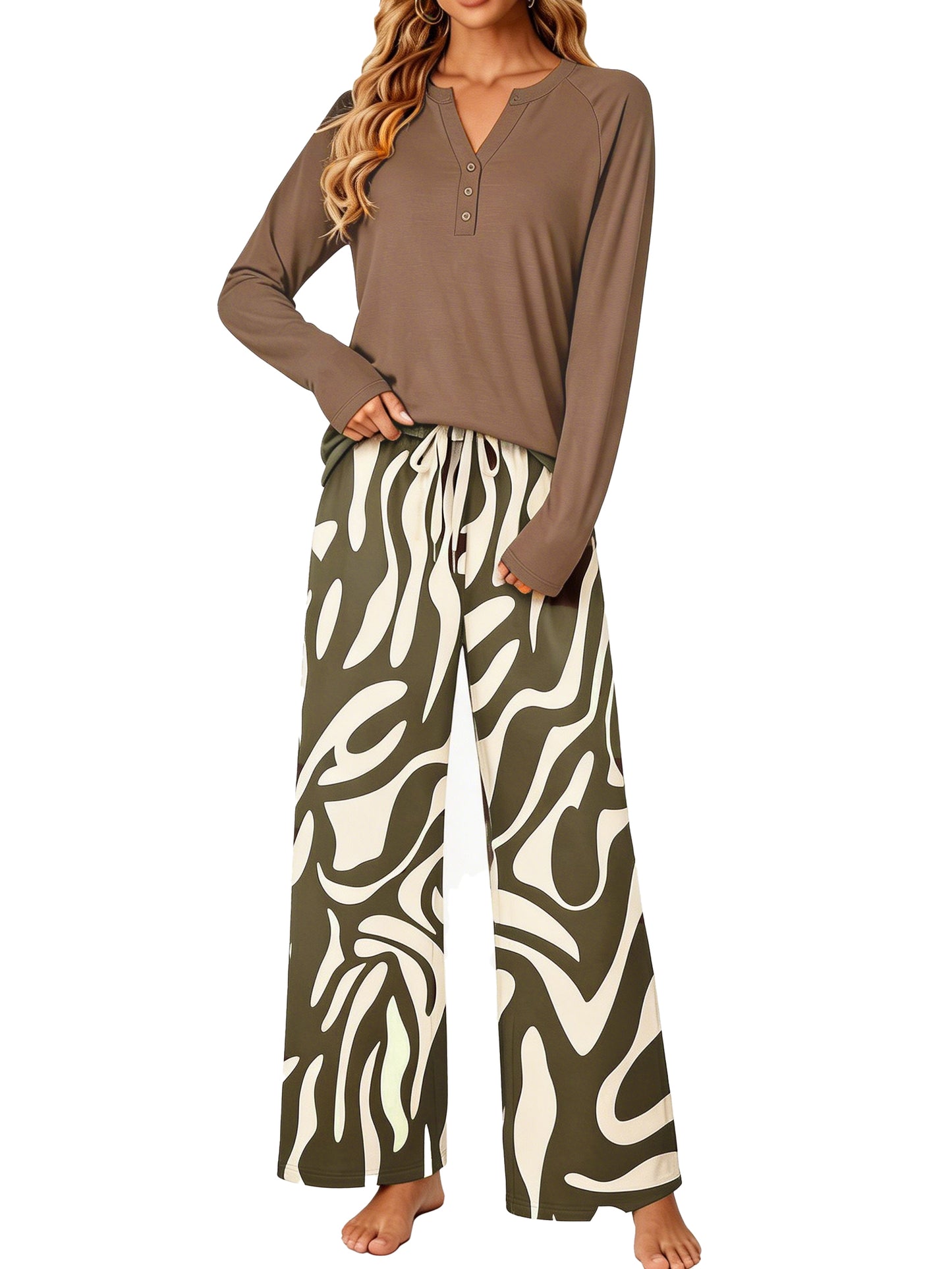 MOSHU Womens Pajamas Sets V Neck Buttons Long Sleeve Tops add Printed Drawstring Pants with Pockets Casual Lounge Sets for Women