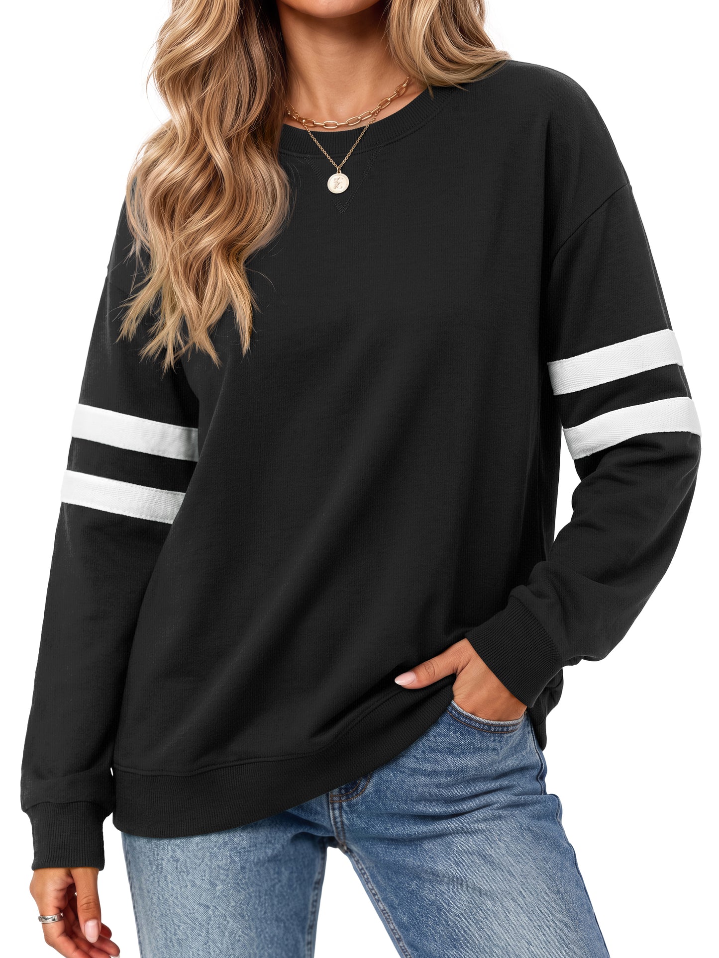 MOSHU Crewneck Sweatshirts for Women Striped Long Sleeve Shirts Fashion Fall Womens Sweatshirts Casual Fall Pullover Tops