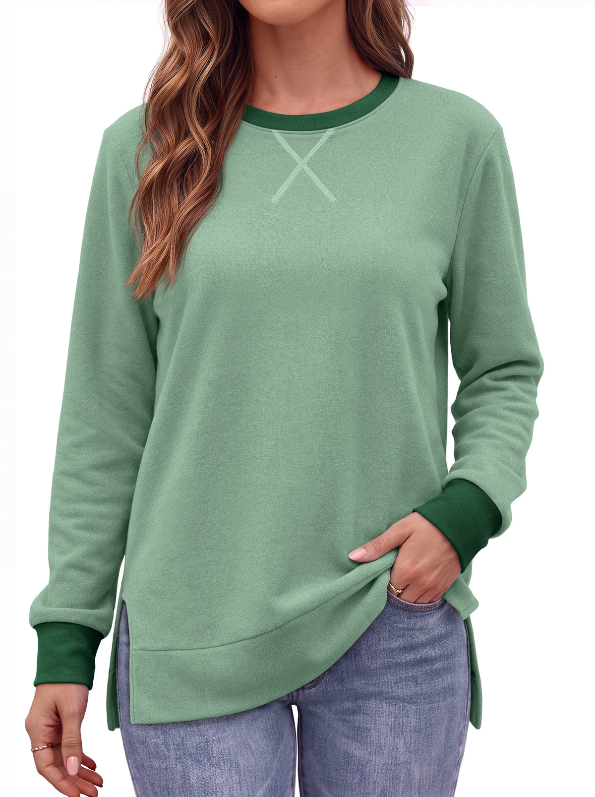 MOSHU Color Block Sweatshirts for Women Side Split Long Sleeve Shirts Crewneck Fall Womens Tops Casual Outfits