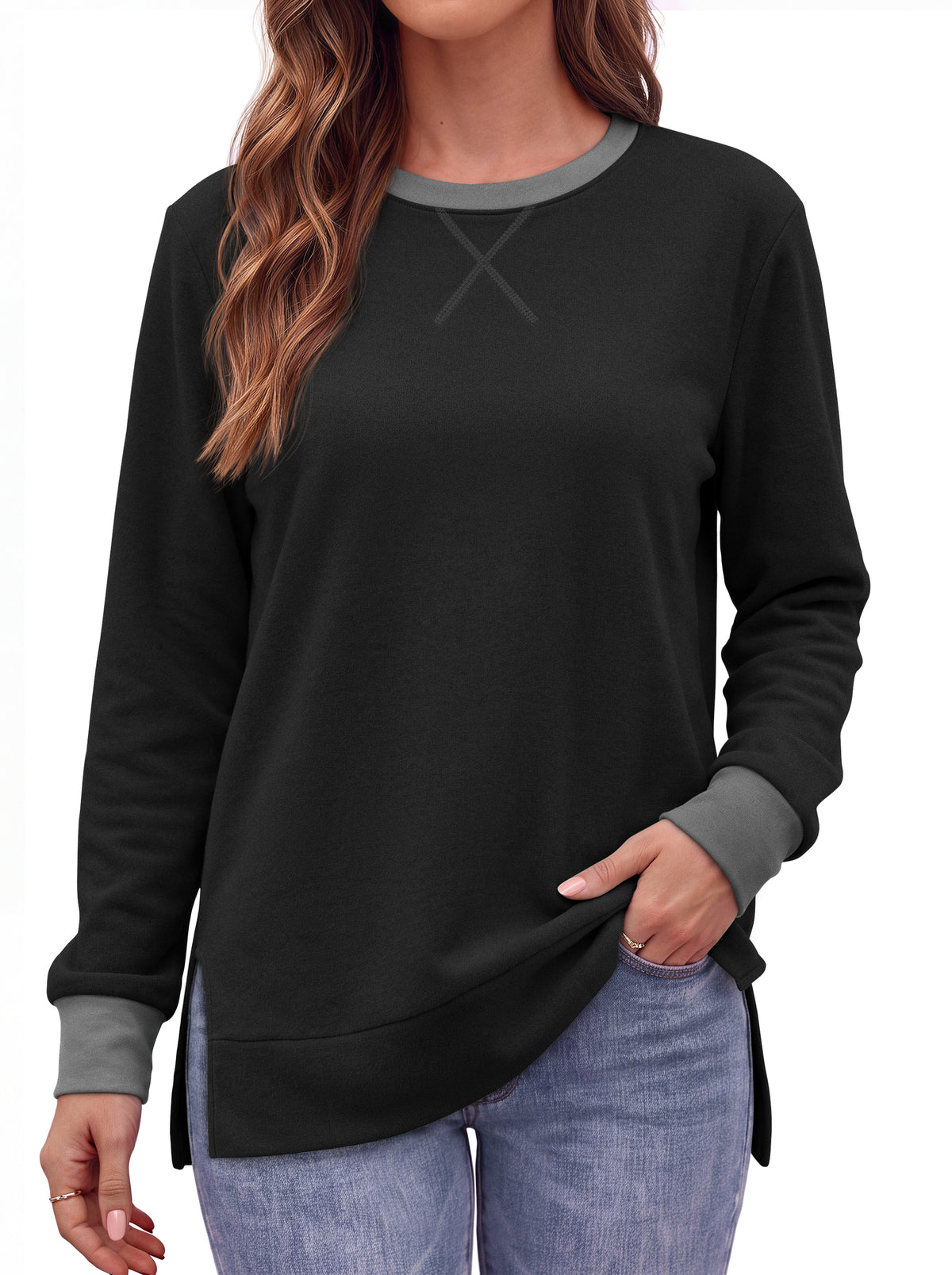 MOSHU Color Block Sweatshirts for Women Side Split Long Sleeve Shirts Crewneck Fall Womens Tops Casual Outfits