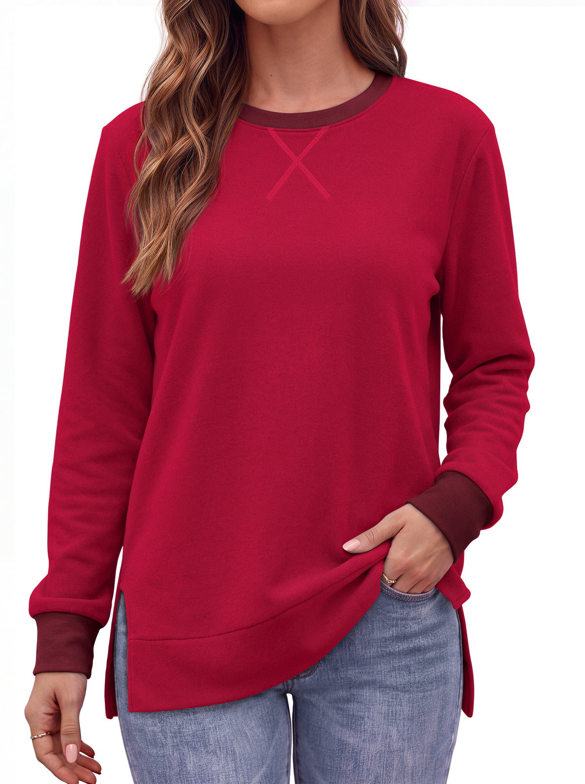 MOSHU Color Block Sweatshirts for Women Side Split Long Sleeve Shirts Crewneck Fall Womens Tops Casual Outfits