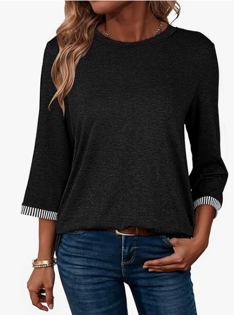 MOSHU 3/4 Sleeve Tops for Women Crew Neck Ribbed Cuff Tops Lightweight Summer Casual Dressy Shirts