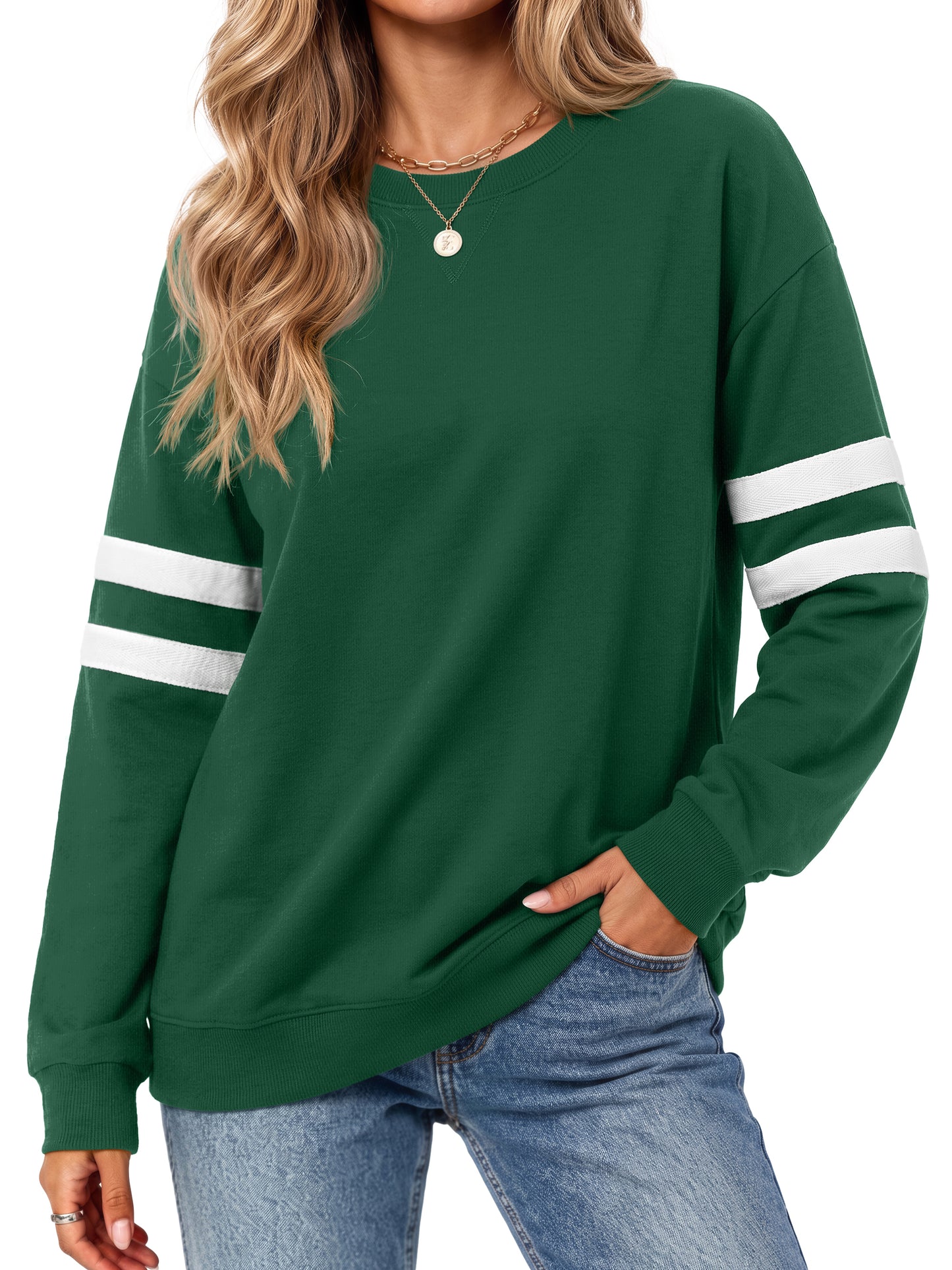 MOSHU Crewneck Sweatshirts for Women Striped Long Sleeve Shirts Fashion Fall Womens Sweatshirts Casual Fall Pullover Tops