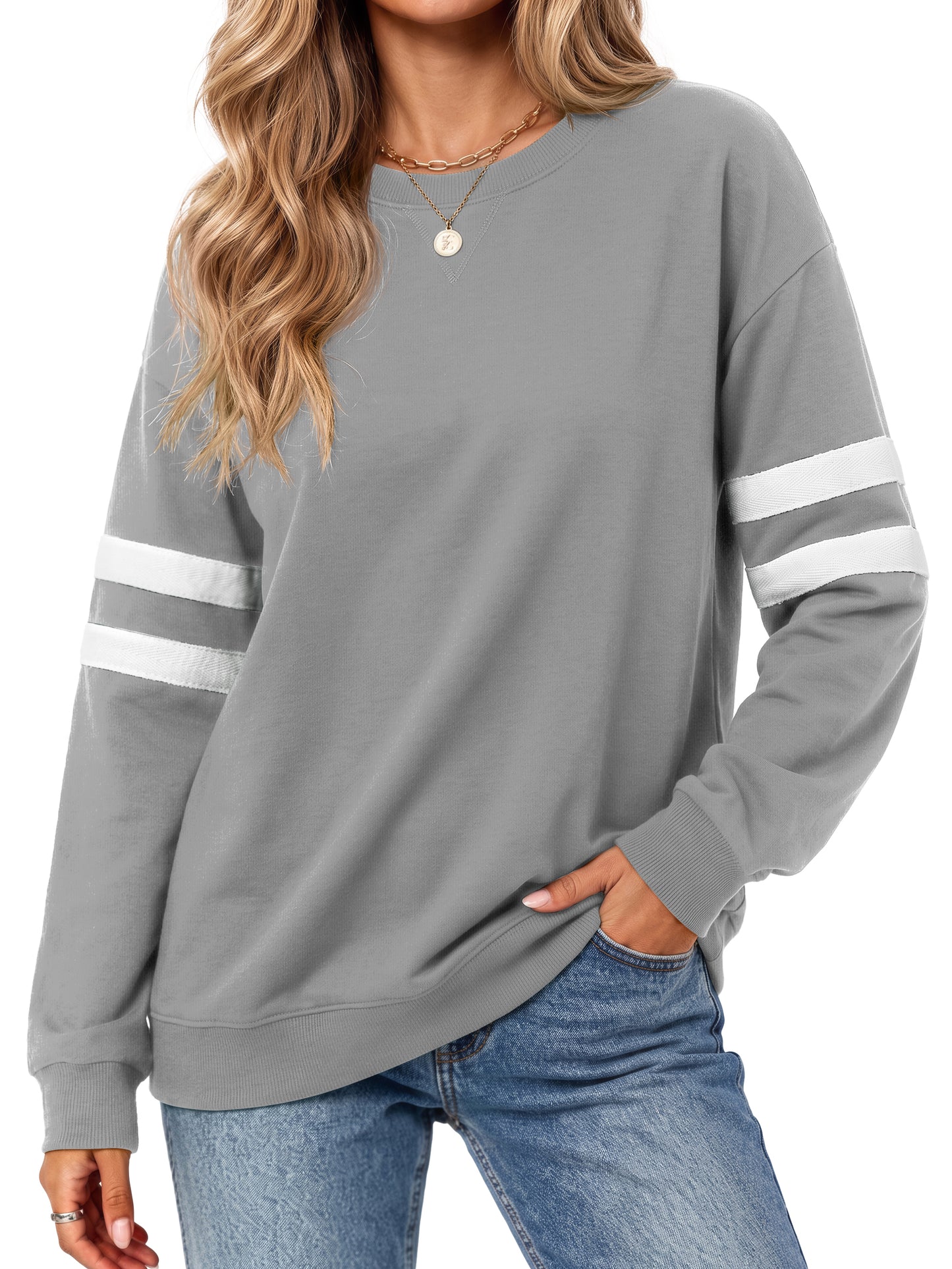 MOSHU Crewneck Sweatshirts for Women Striped Long Sleeve Shirts Fashion Fall Womens Sweatshirts Casual Fall Pullover Tops