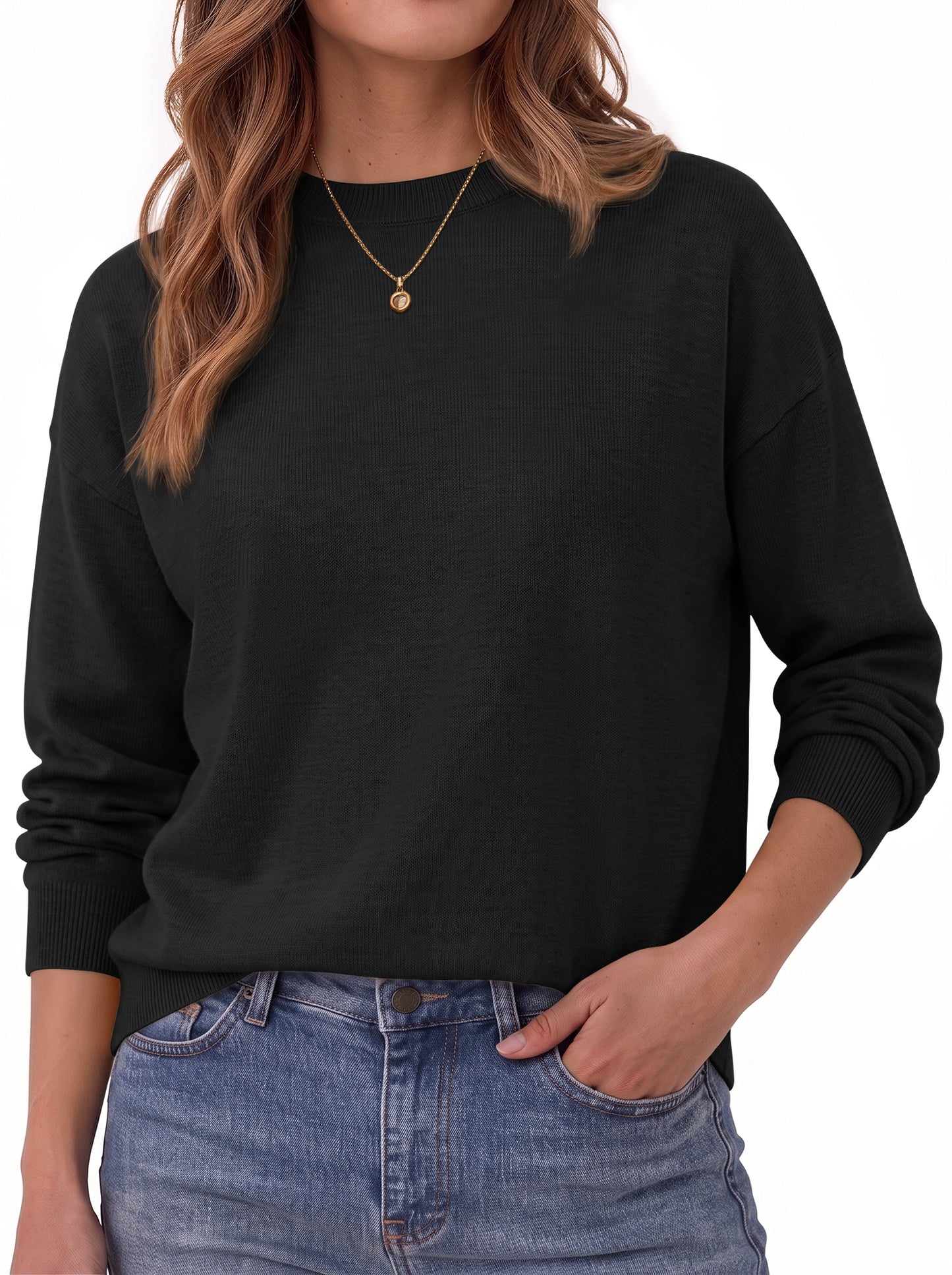 MOSHU Crewneck Sweaters for Women Drop Shoulder Women Sweaters Long Sleeves Fall Tops Knit Pullover Sweaters