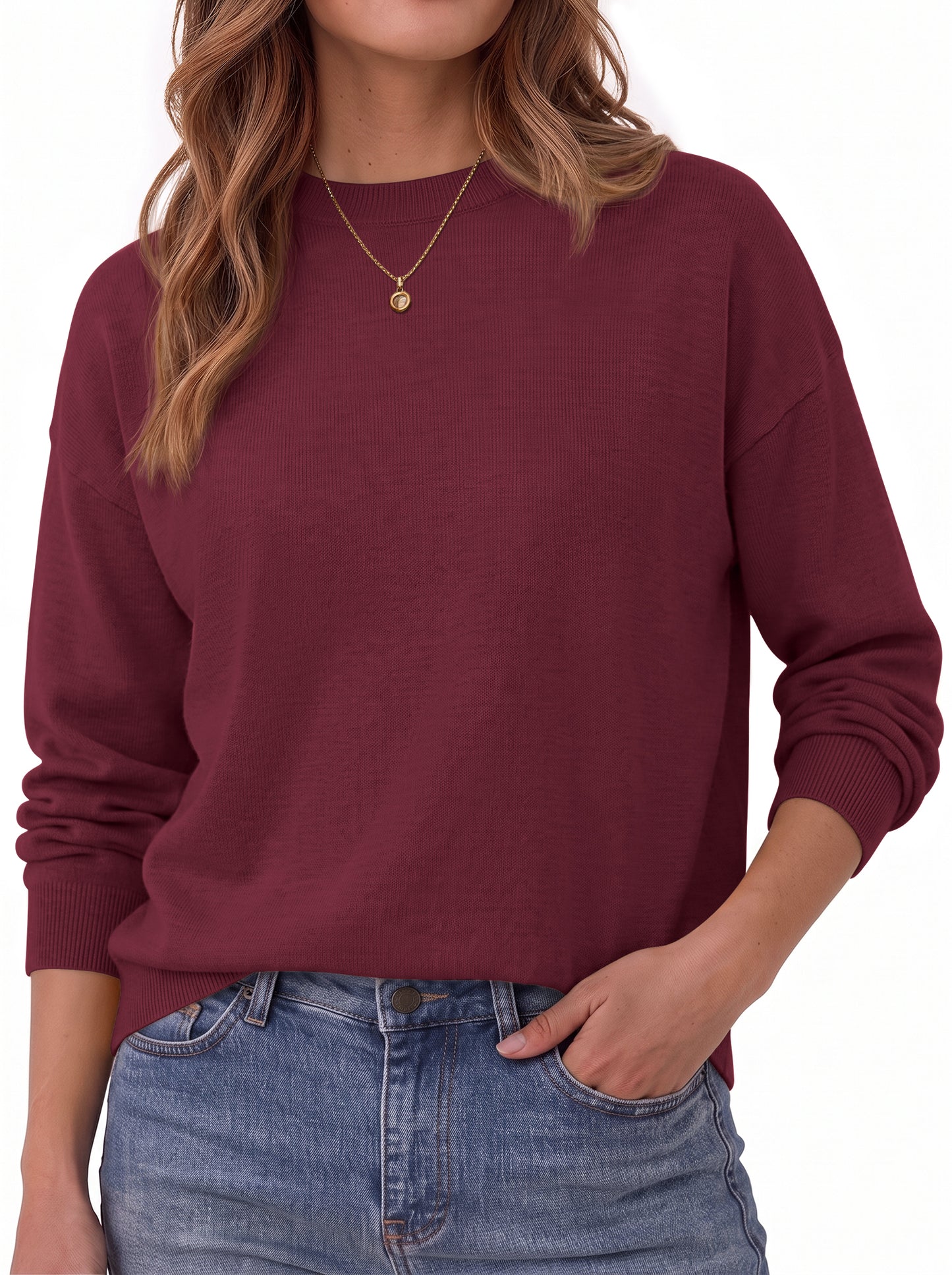 MOSHU Crewneck Sweaters for Women Drop Shoulder Women Sweaters Long Sleeves Fall Tops Knit Pullover Sweaters