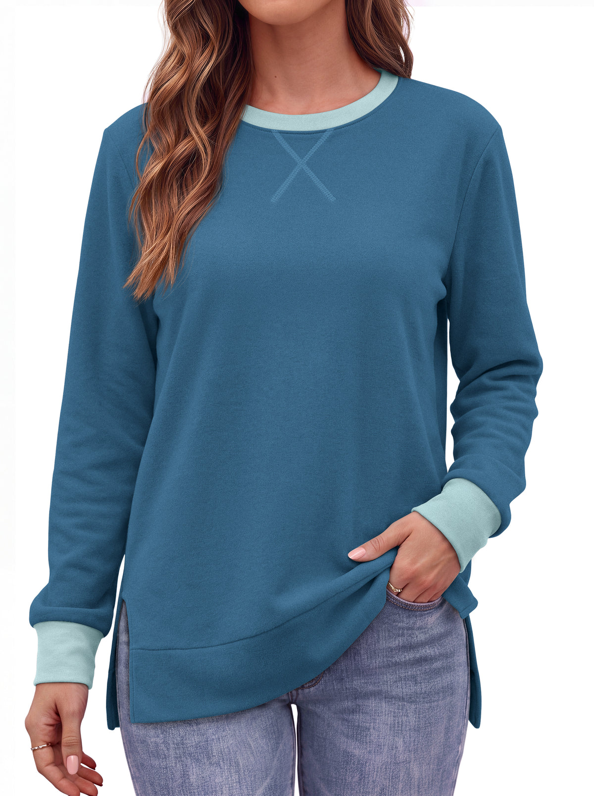 MOSHU Color Block Sweatshirts for Women Side Split Long Sleeve Shirts Crewneck Fall Womens Tops Casual Outfits