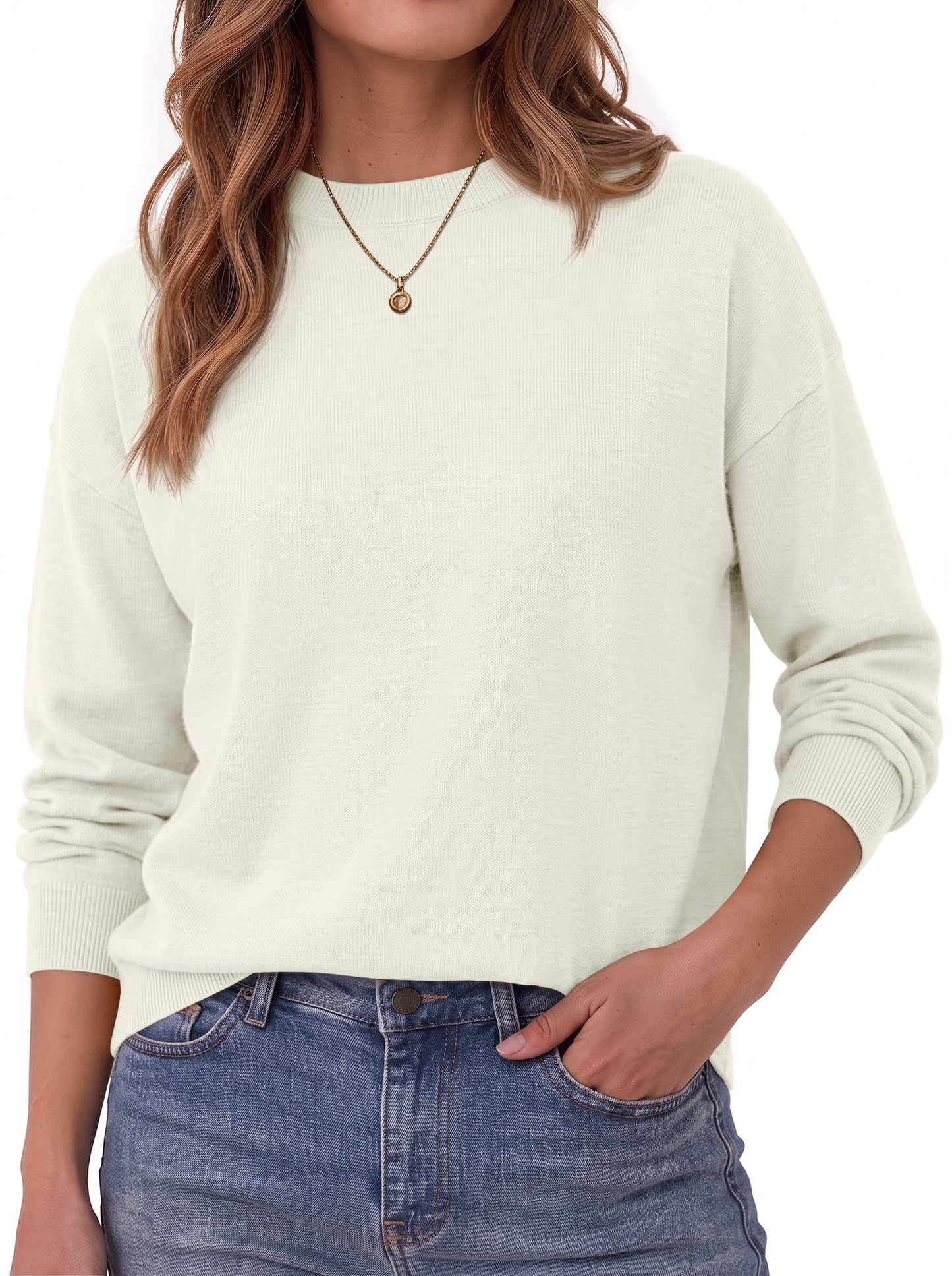 MOSHU Crewneck Sweaters for Women Drop Shoulder Women Sweaters Long Sleeves Fall Tops Knit Pullover Sweaters