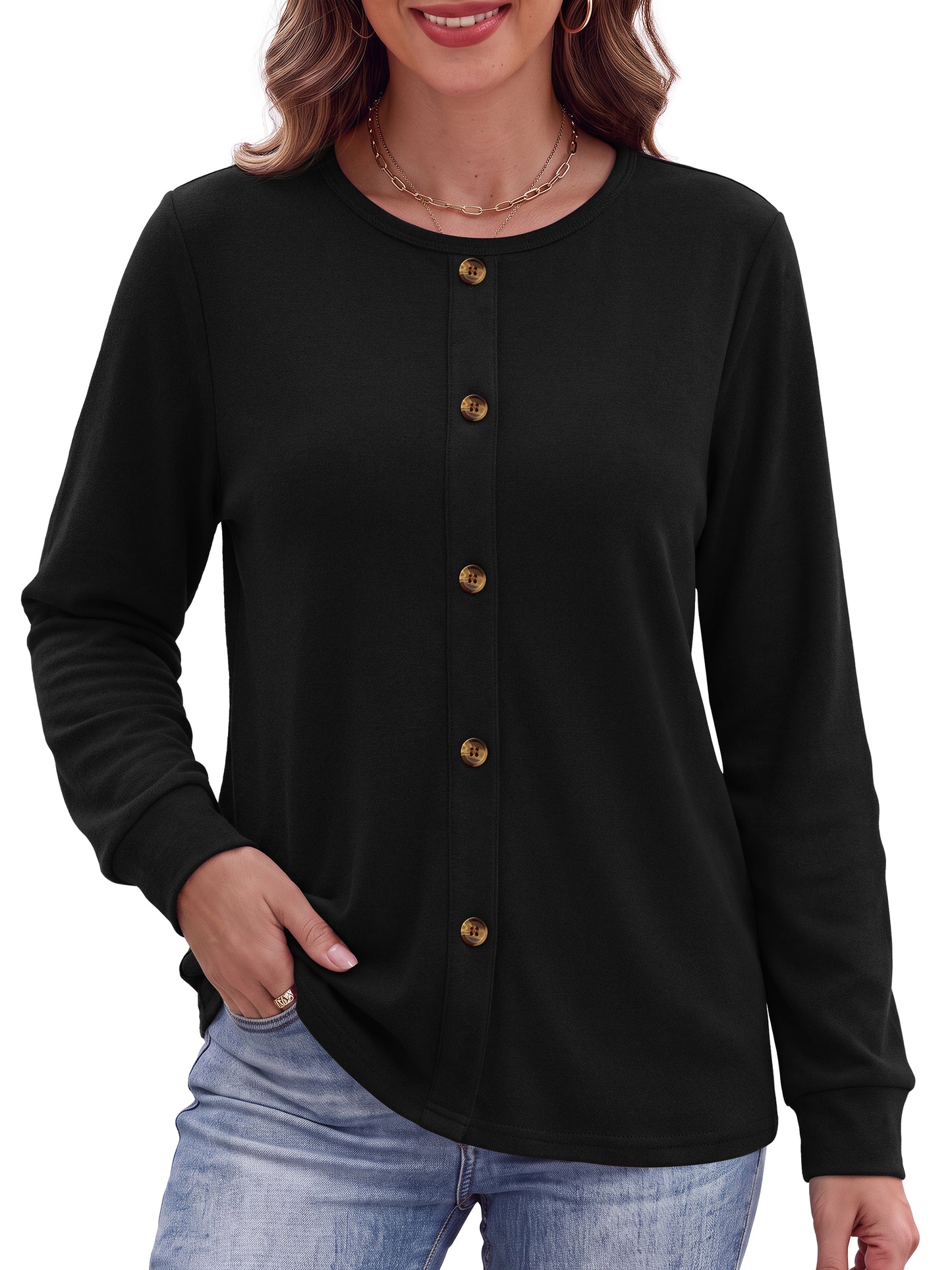 MOSHU Crewneck Sweatshirts for Women Decorative Buttons Long Sleeve Shirts Fashion Pullover Womens Sweatshirts Fall Tops