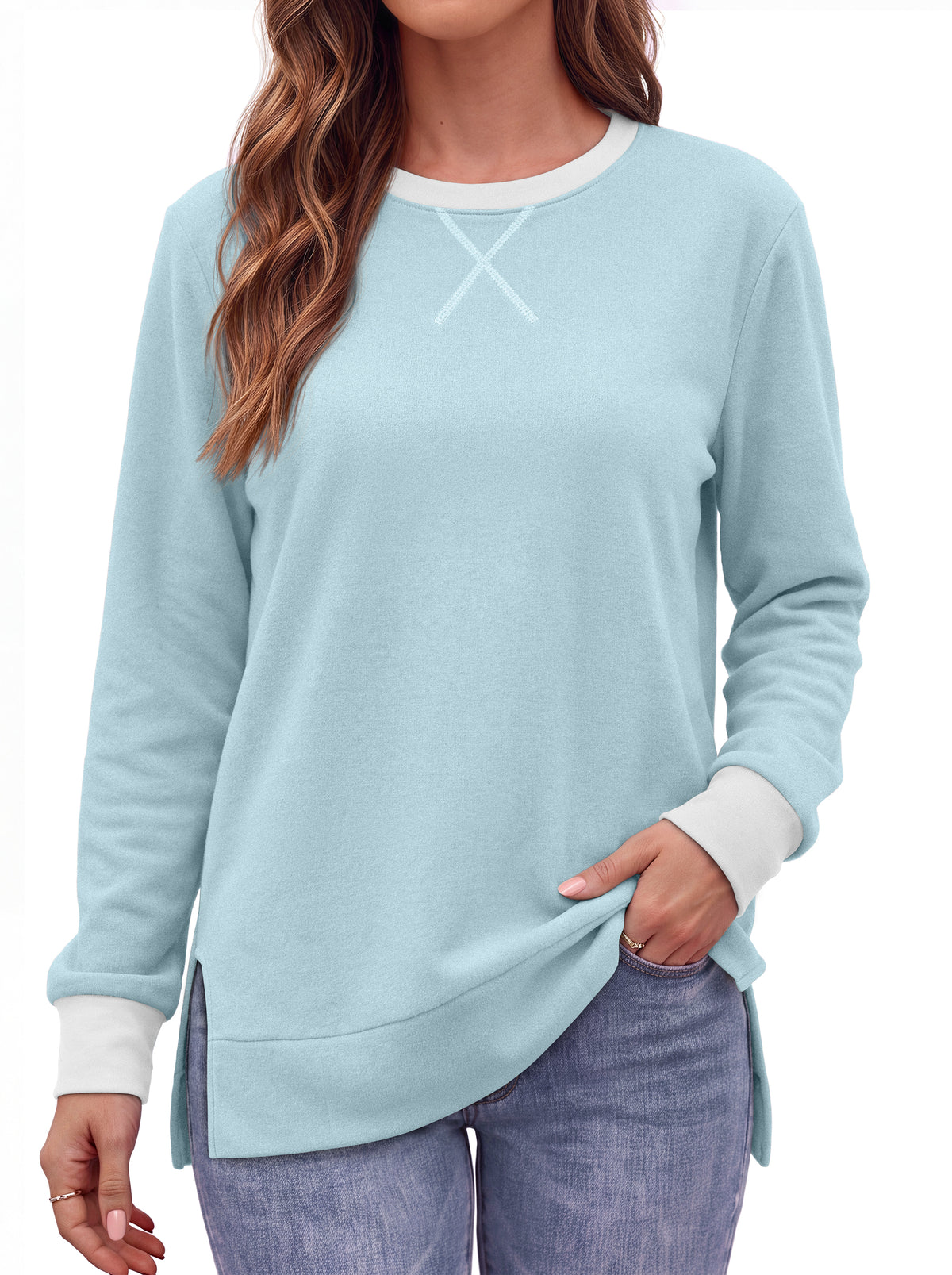 MOSHU Color Block Sweatshirts for Women Side Split Long Sleeve Shirts Crewneck Fall Womens Tops Casual Outfits
