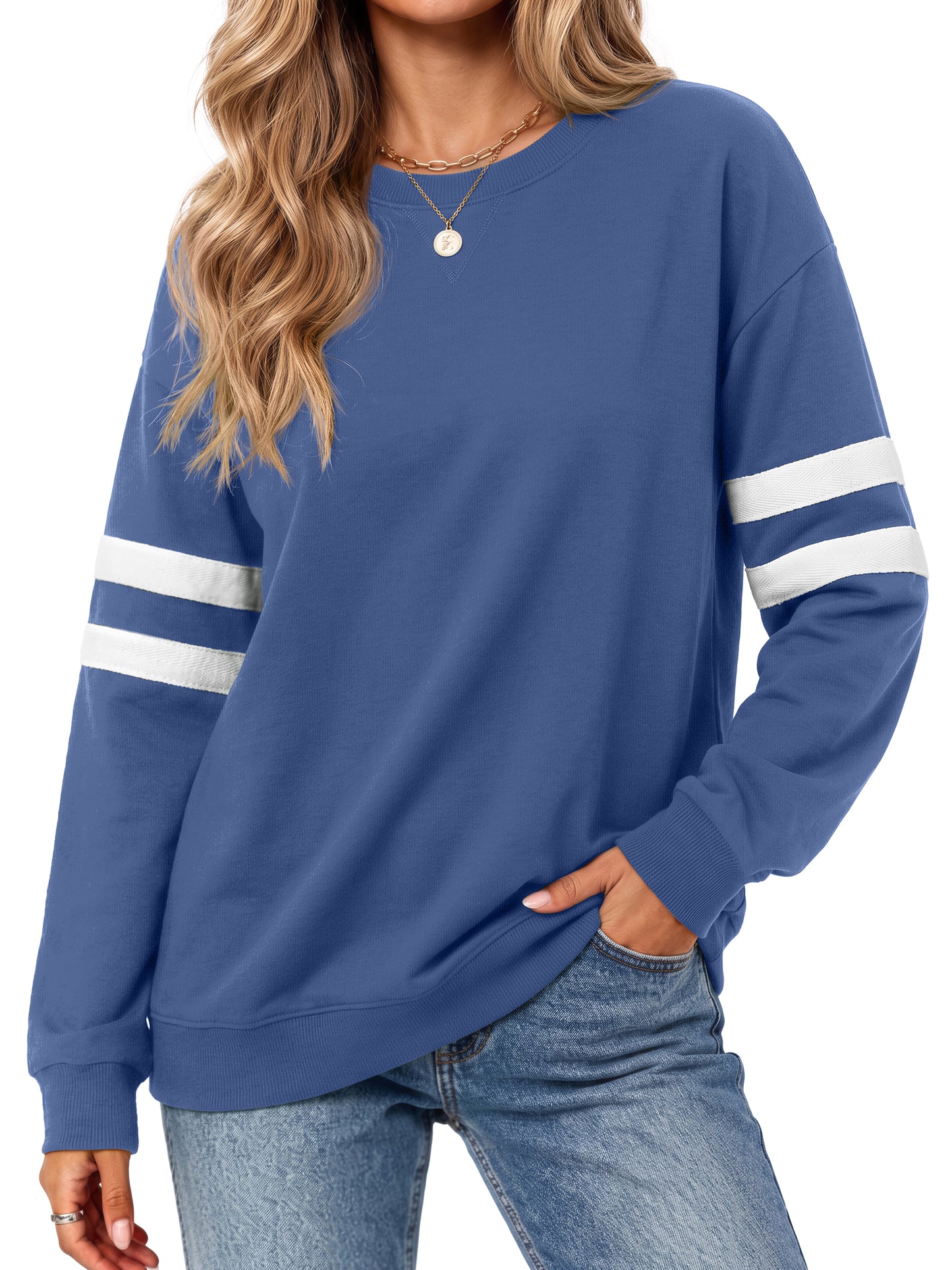 MOSHU Crewneck Sweatshirts for Women Striped Long Sleeve Shirts Fashion Fall Womens Sweatshirts Casual Fall Pullover Tops