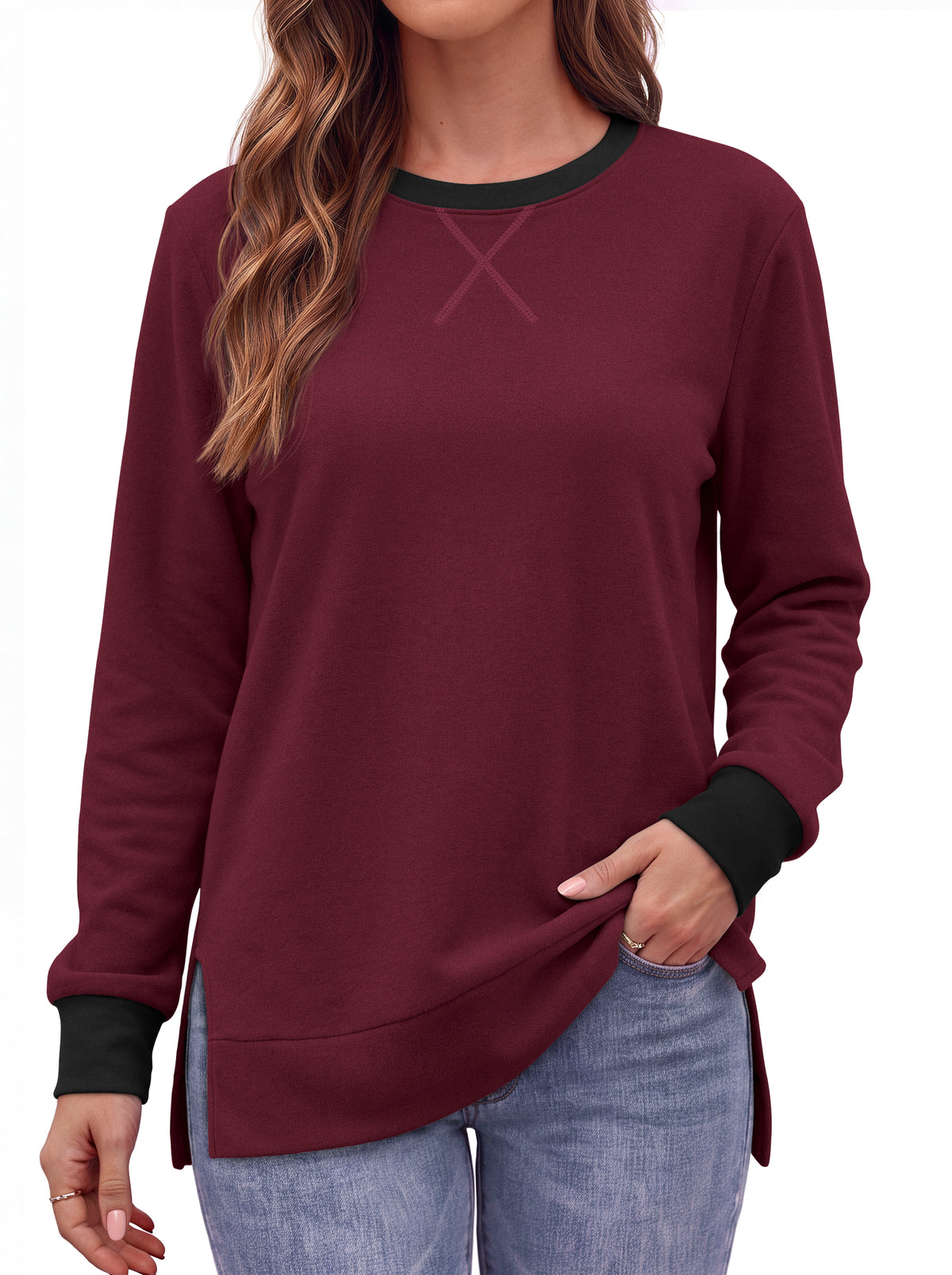 MOSHU Color Block Sweatshirts for Women Side Split Long Sleeve Shirts Crewneck Fall Womens Tops Casual Outfits