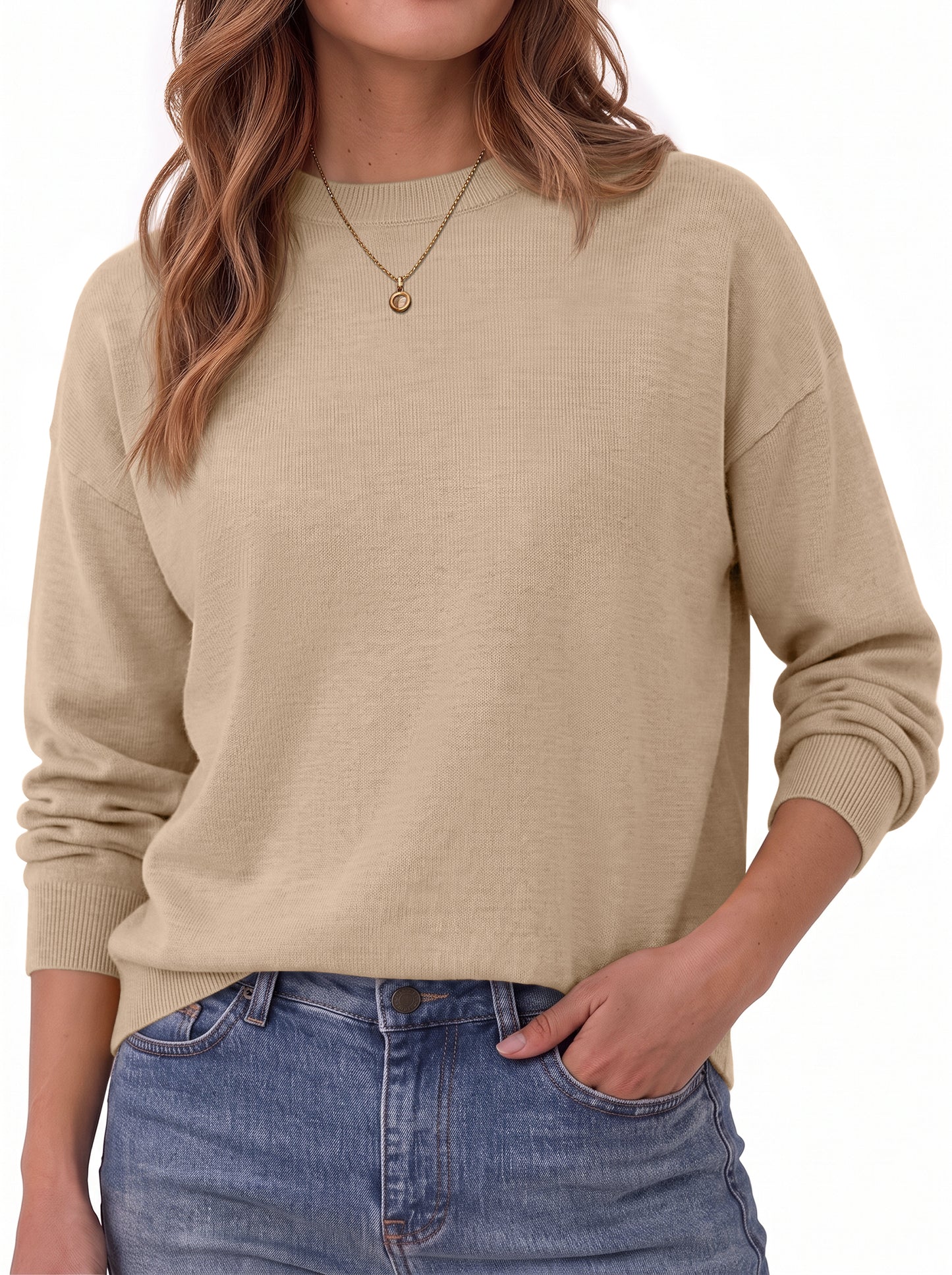 MOSHU Crewneck Sweaters for Women Drop Shoulder Women Sweaters Long Sleeves Fall Tops Knit Pullover Sweaters