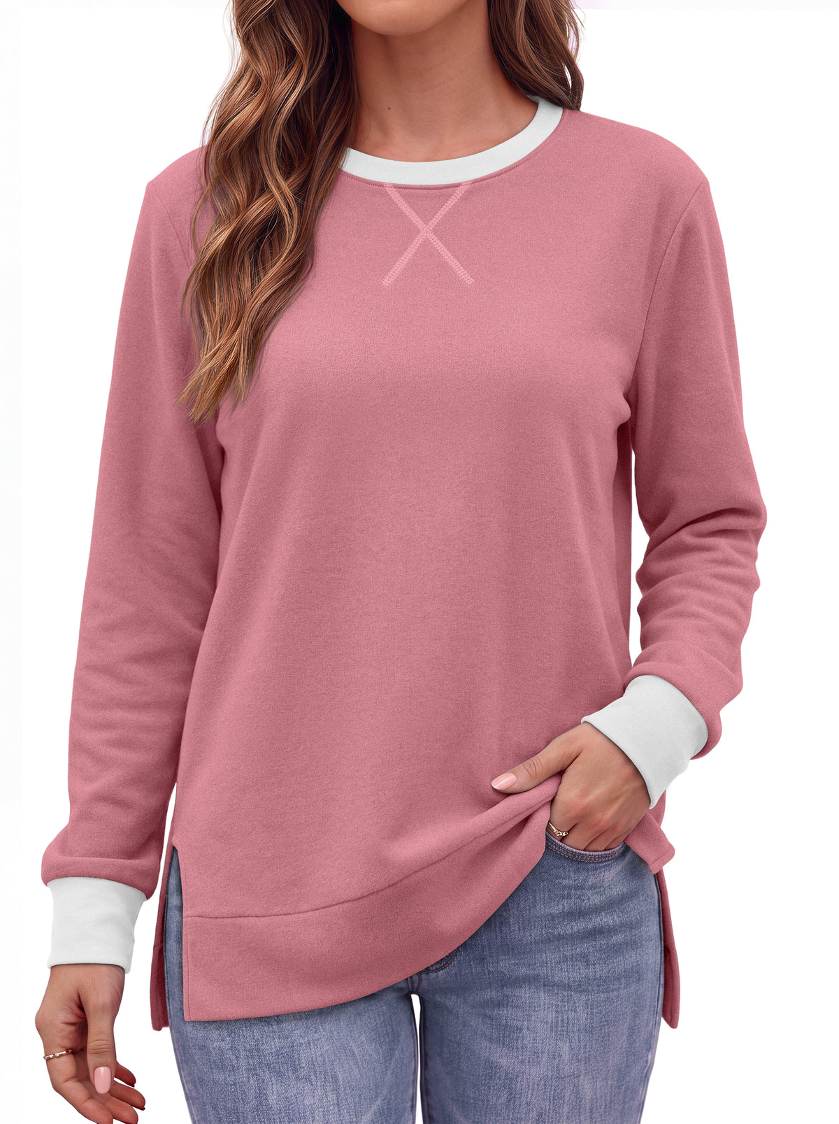 MOSHU Color Block Sweatshirts for Women Side Split Long Sleeve Shirts Crewneck Fall Womens Tops Casual Outfits
