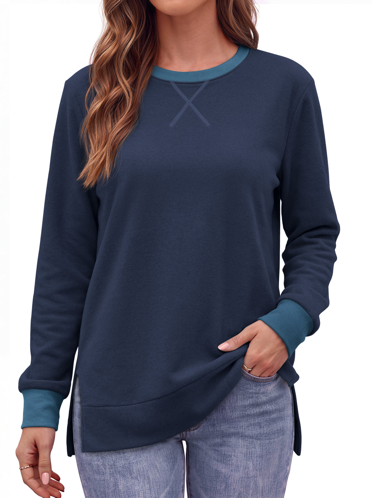 MOSHU Color Block Sweatshirts for Women Side Split Long Sleeve Shirts Crewneck Fall Womens Tops Casual Outfits