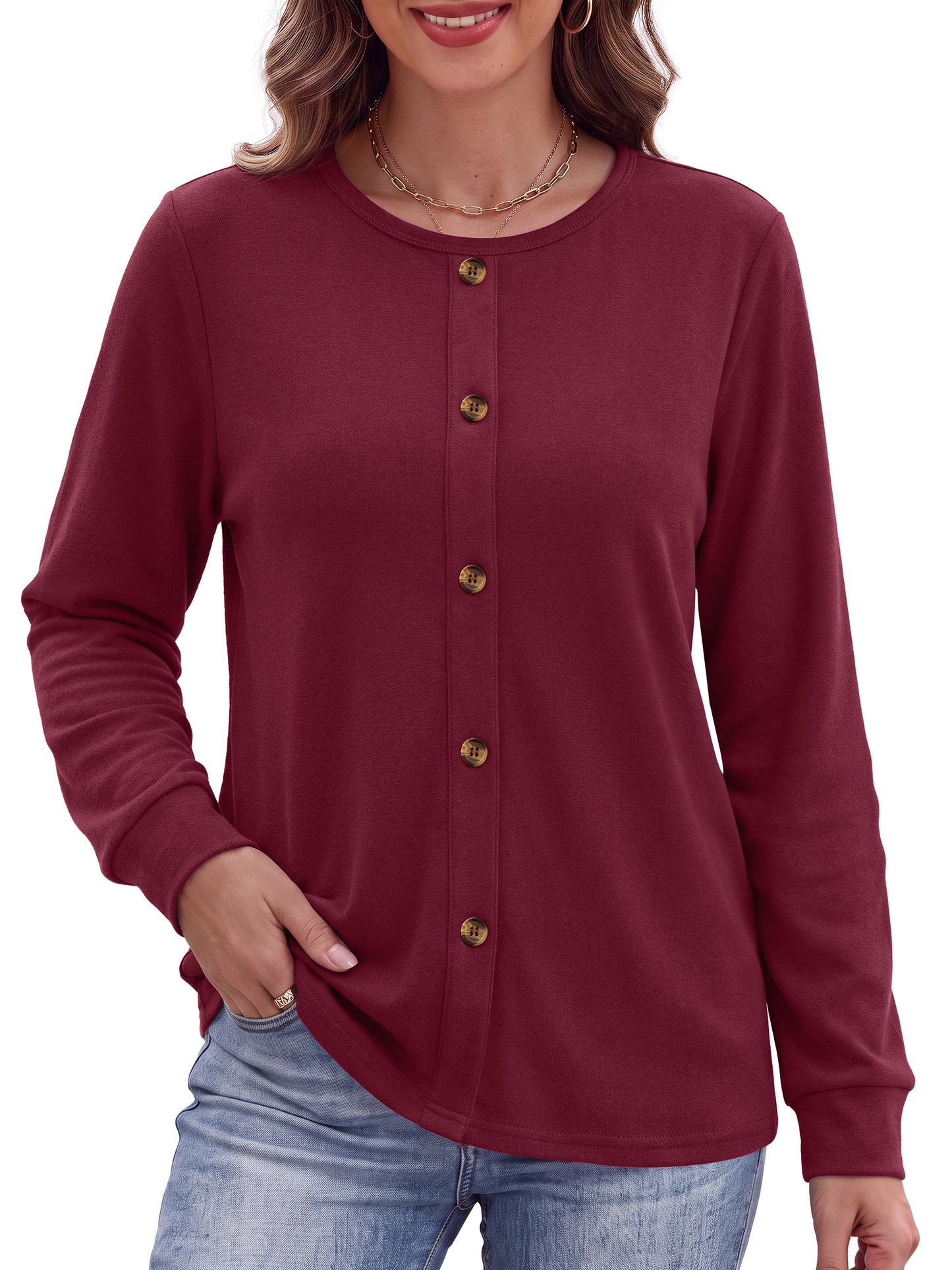 MOSHU Crewneck Sweatshirts for Women Decorative Buttons Long Sleeve Shirts Fashion Pullover Womens Sweatshirts Fall Tops