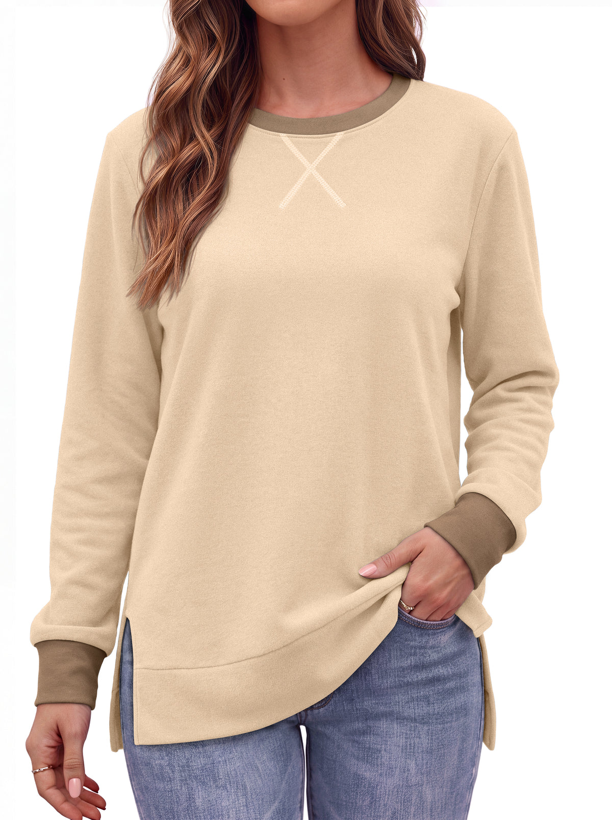 MOSHU Color Block Sweatshirts for Women Side Split Long Sleeve Shirts Crewneck Fall Womens Tops Casual Outfits
