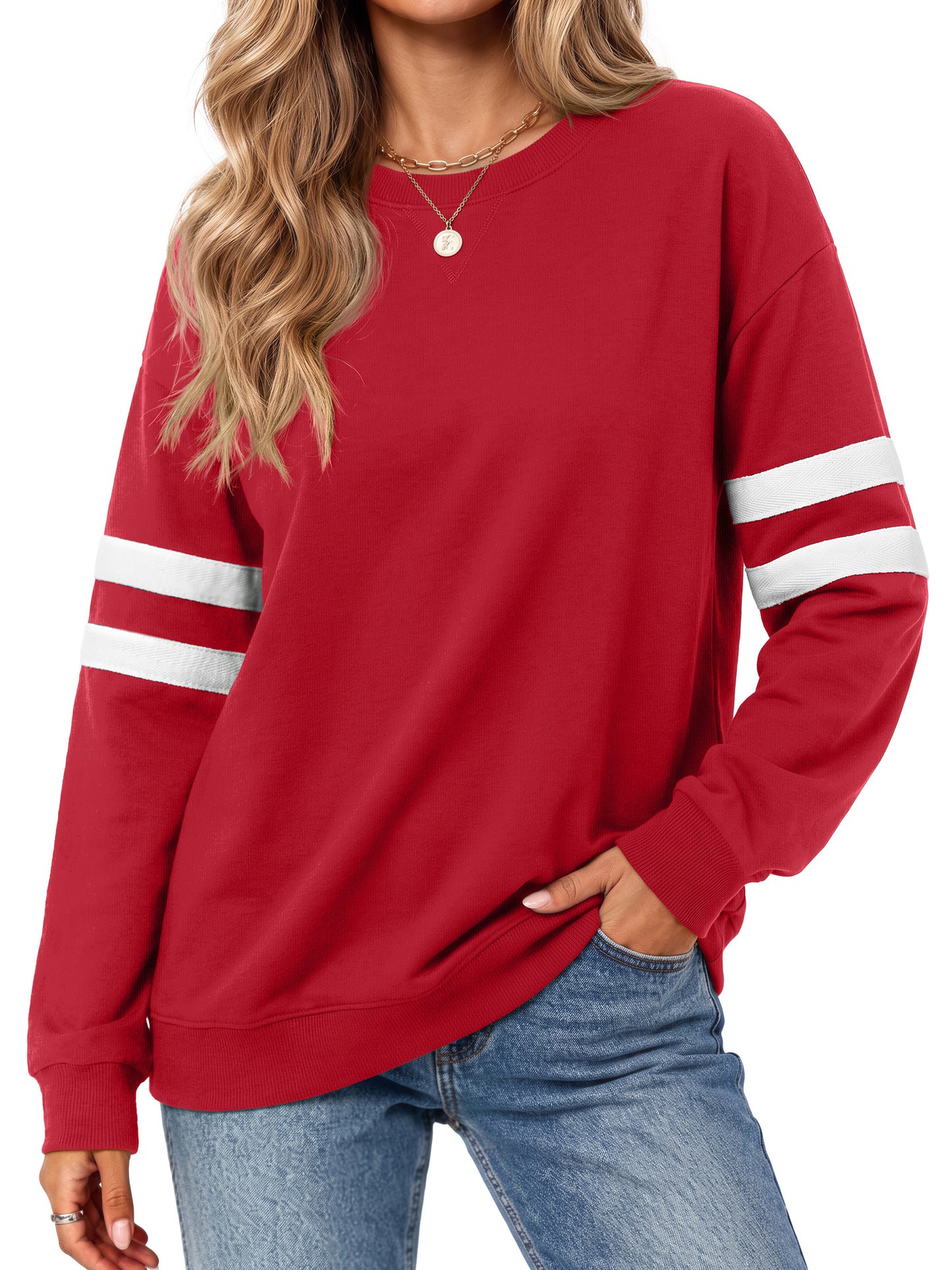 MOSHU Crewneck Sweatshirts for Women Striped Long Sleeve Shirts Fashion Fall Womens Sweatshirts Casual Fall Pullover Tops