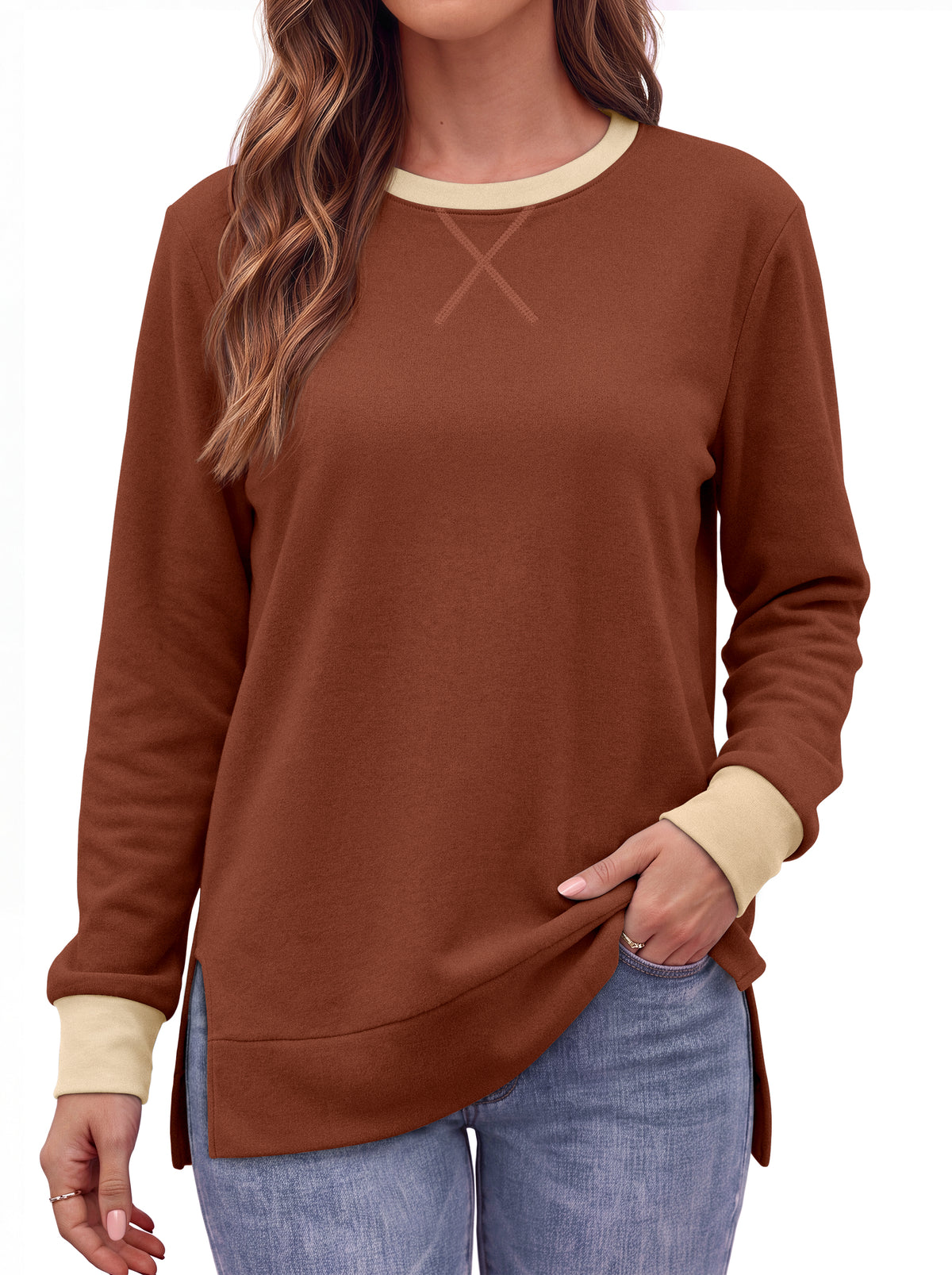 MOSHU Color Block Sweatshirts for Women Side Split Long Sleeve Shirts Crewneck Fall Womens Tops Casual Outfits
