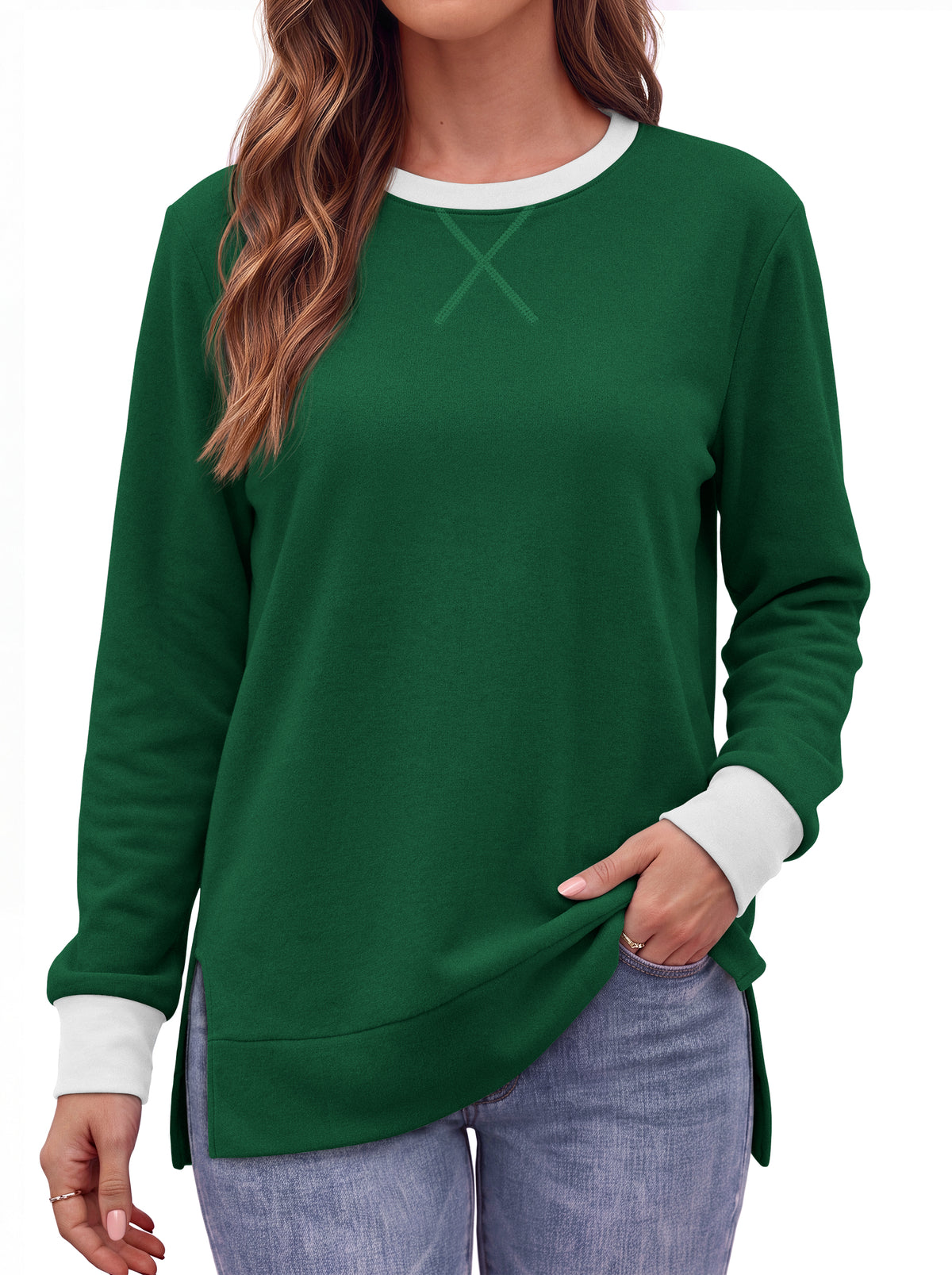 MOSHU Color Block Sweatshirts for Women Side Split Long Sleeve Shirts Crewneck Fall Womens Tops Casual Outfits