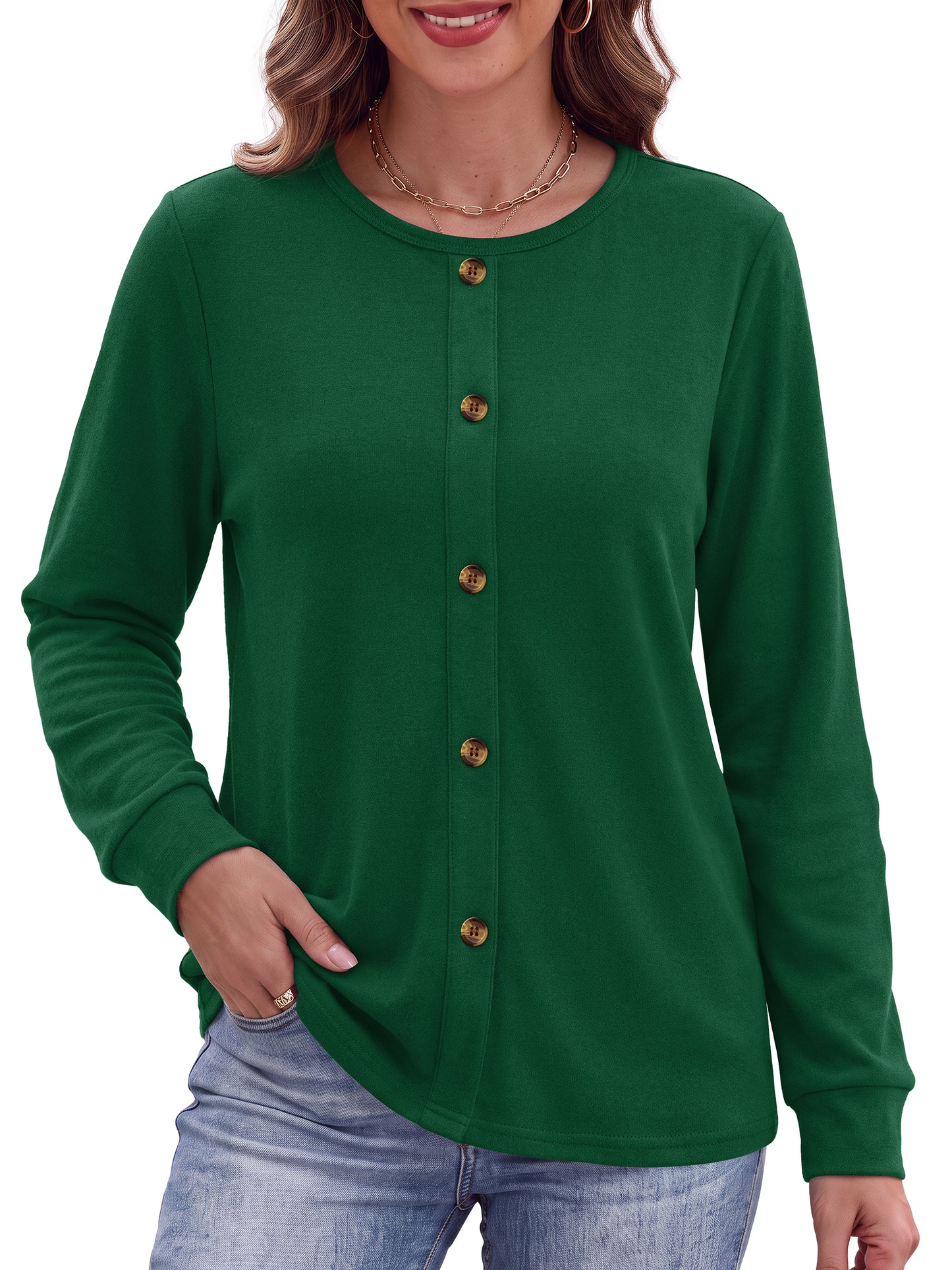 MOSHU Crewneck Sweatshirts for Women Decorative Buttons Long Sleeve Shirts Fashion Pullover Womens Sweatshirts Fall Tops