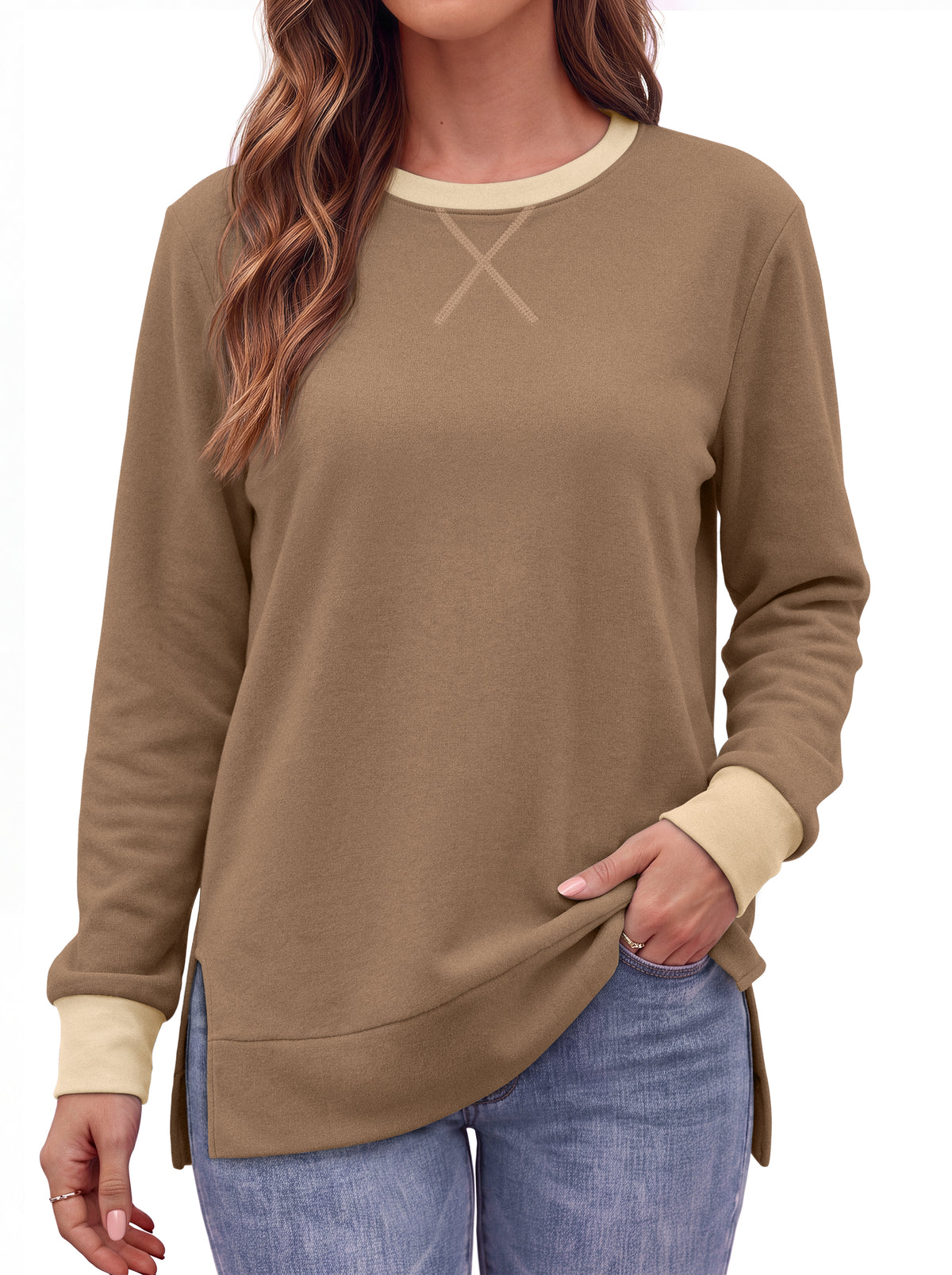 MOSHU Color Block Sweatshirts for Women Side Split Long Sleeve Shirts Crewneck Fall Womens Tops Casual Outfits