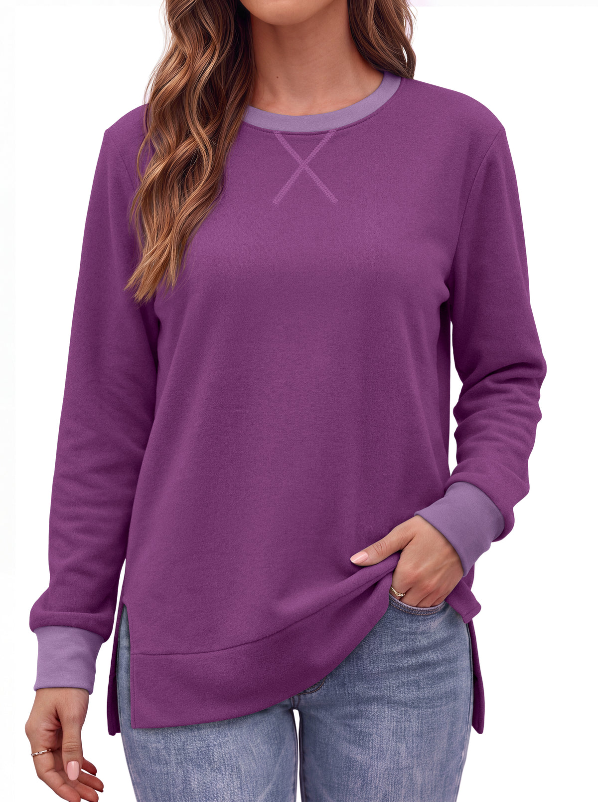 MOSHU Color Block Sweatshirts for Women Side Split Long Sleeve Shirts Crewneck Fall Womens Tops Casual Outfits