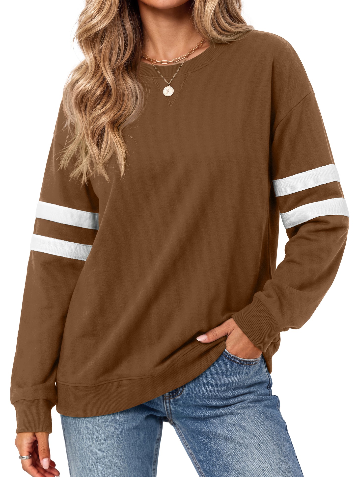 MOSHU Crewneck Sweatshirts for Women Striped Long Sleeve Shirts Fashion Fall Womens Sweatshirts Casual Fall Pullover Tops