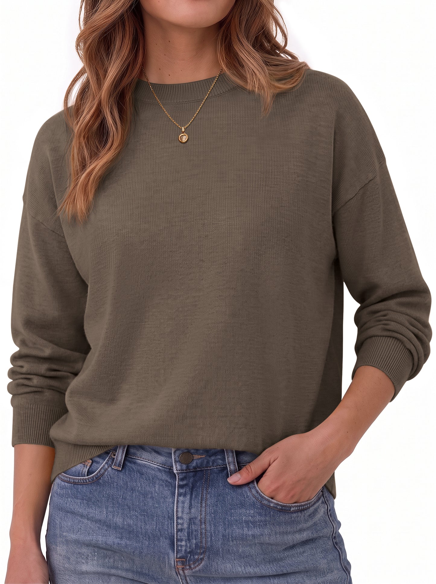 MOSHU Crewneck Sweaters for Women Drop Shoulder Women Sweaters Long Sleeves Fall Tops Knit Pullover Sweaters