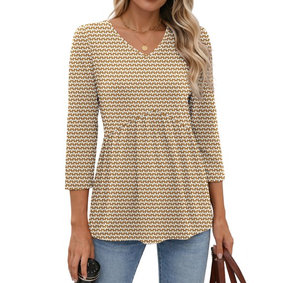 MOSHU V Neck Womens Tops 3/4 Length Sleeve Tops for Women Babydoll Tunic Dressy Casual Womens Blouses