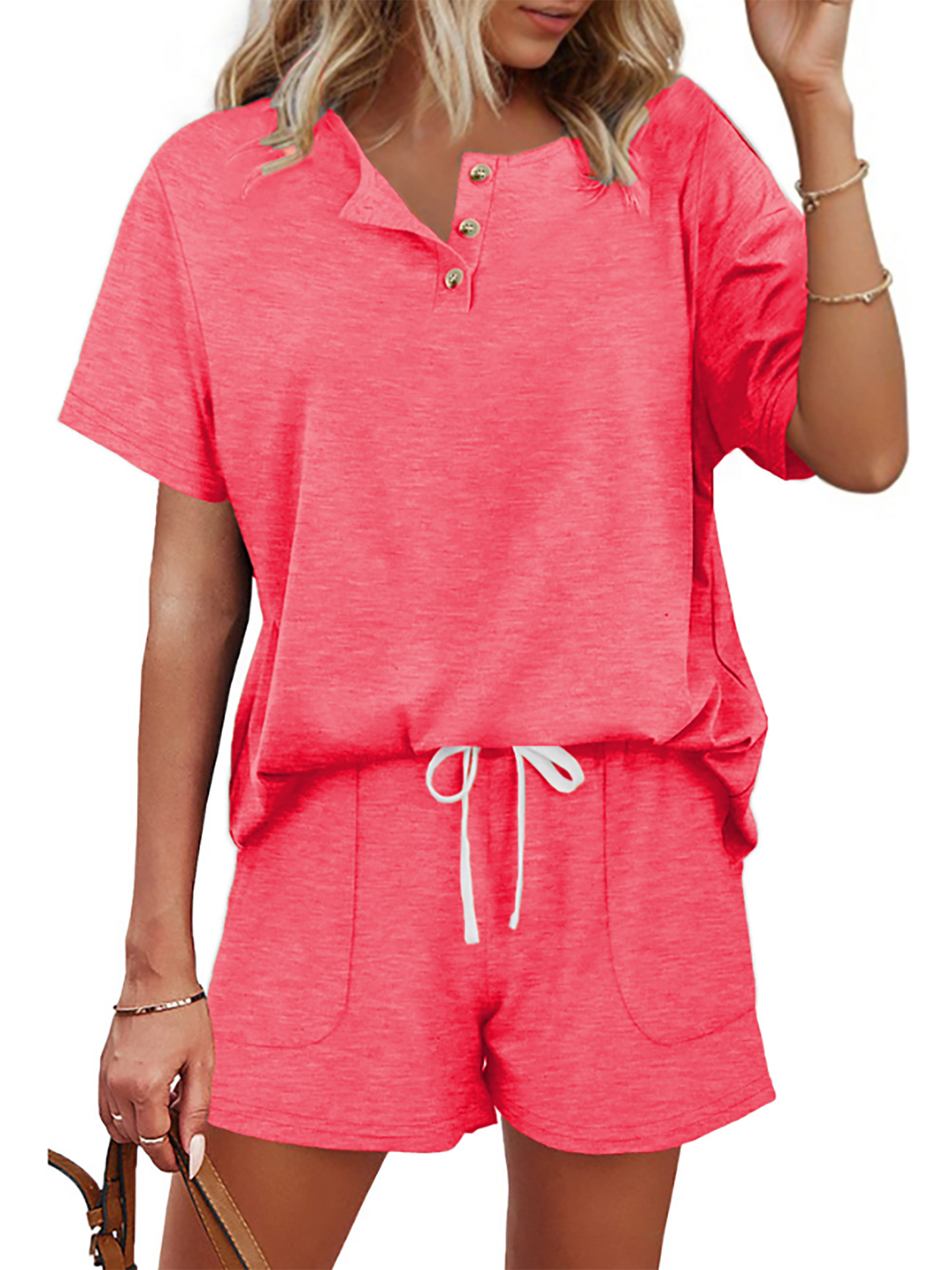 MOSHU Womens Pajamas Sets Button Down Tops and Drawstring Shorts With Pockets Two Piece Lounge Sets Oufits