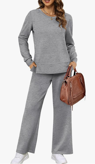 MOSHU Two Piece Sets for Women Casual Fall Outfits Sets Slit Side Stiching Tops and Wide Leg Pants with Pockets Trendy Cozy Tracksuits