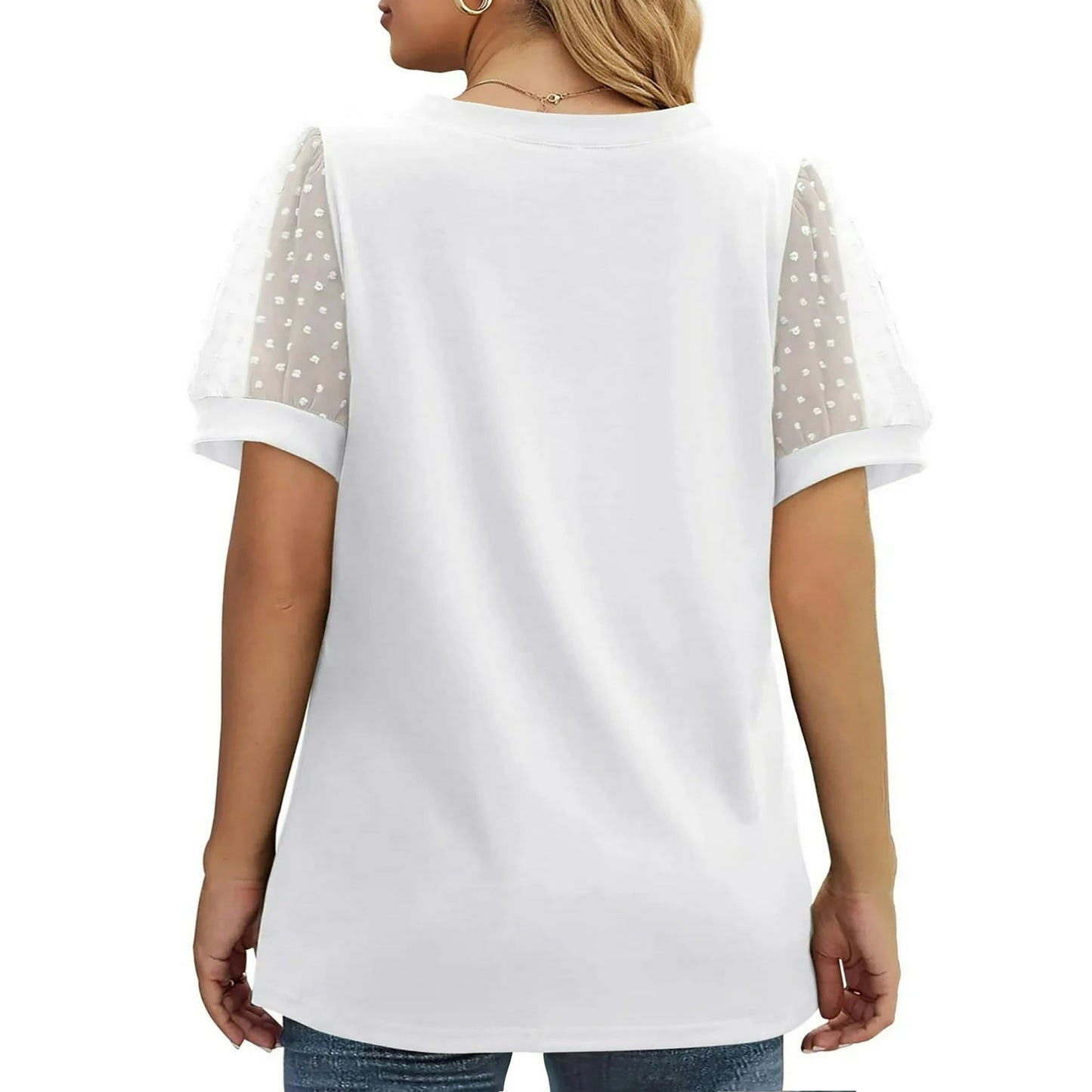 MOSHU Summer Womens Tops Dressy V Neck Blouses for Women Swiss Dot Puff Sleeve Shirts