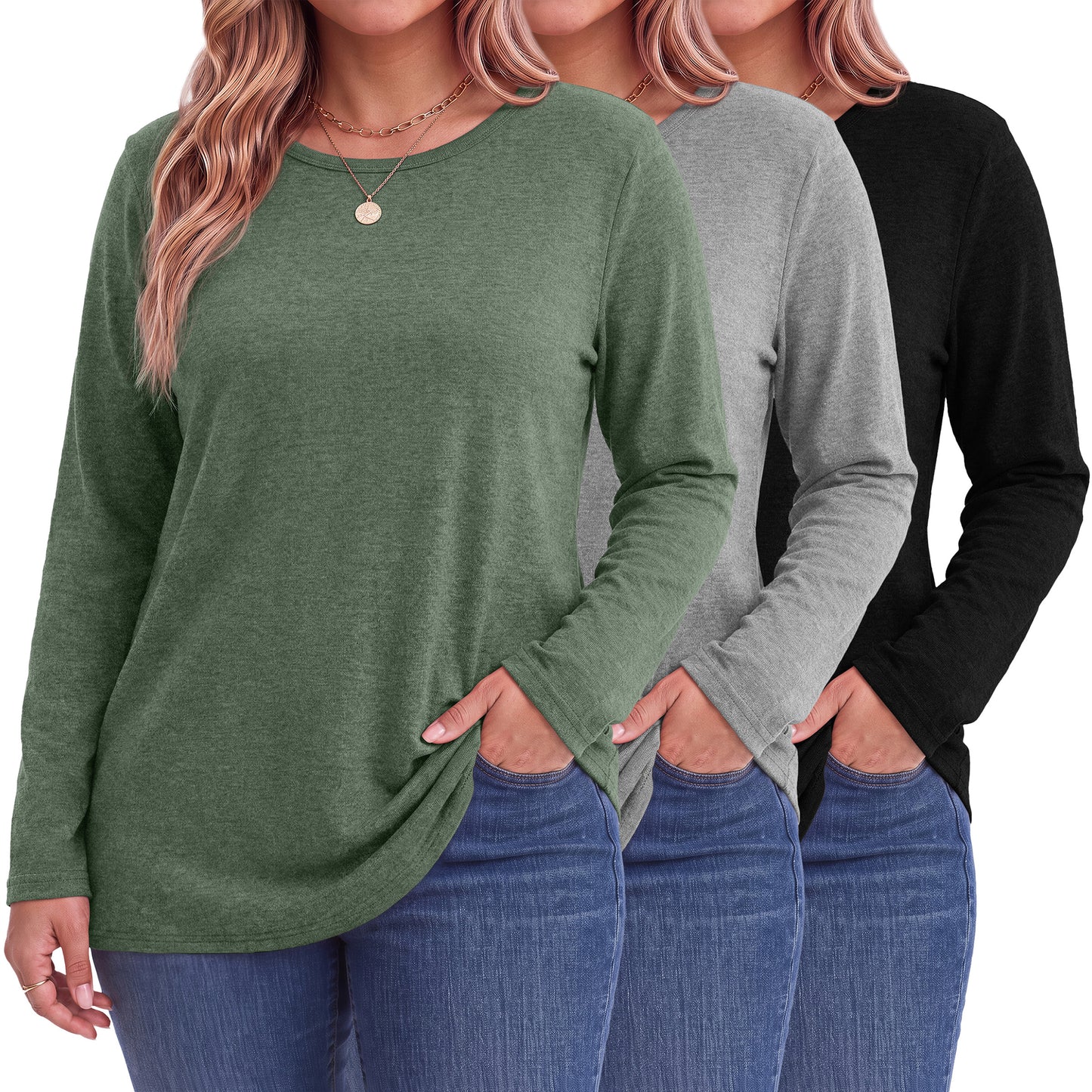 MOSHU 3 Pack T Shirts for Women Crew Neck Plus Size Women Shirts Long Sleeve Tees Casual Basic Fall Tops