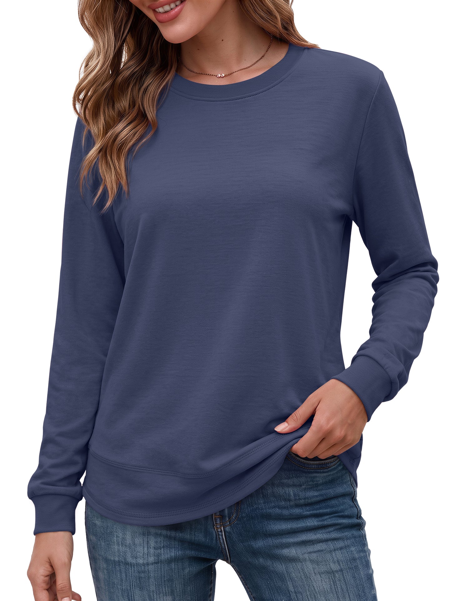MOSHU 3 Pack Pullover Sweatshirts for Women Crew Neck Long Sleeve Shirts Casual Loose Fit Sweatshirts Curved Hem Tunic Tops