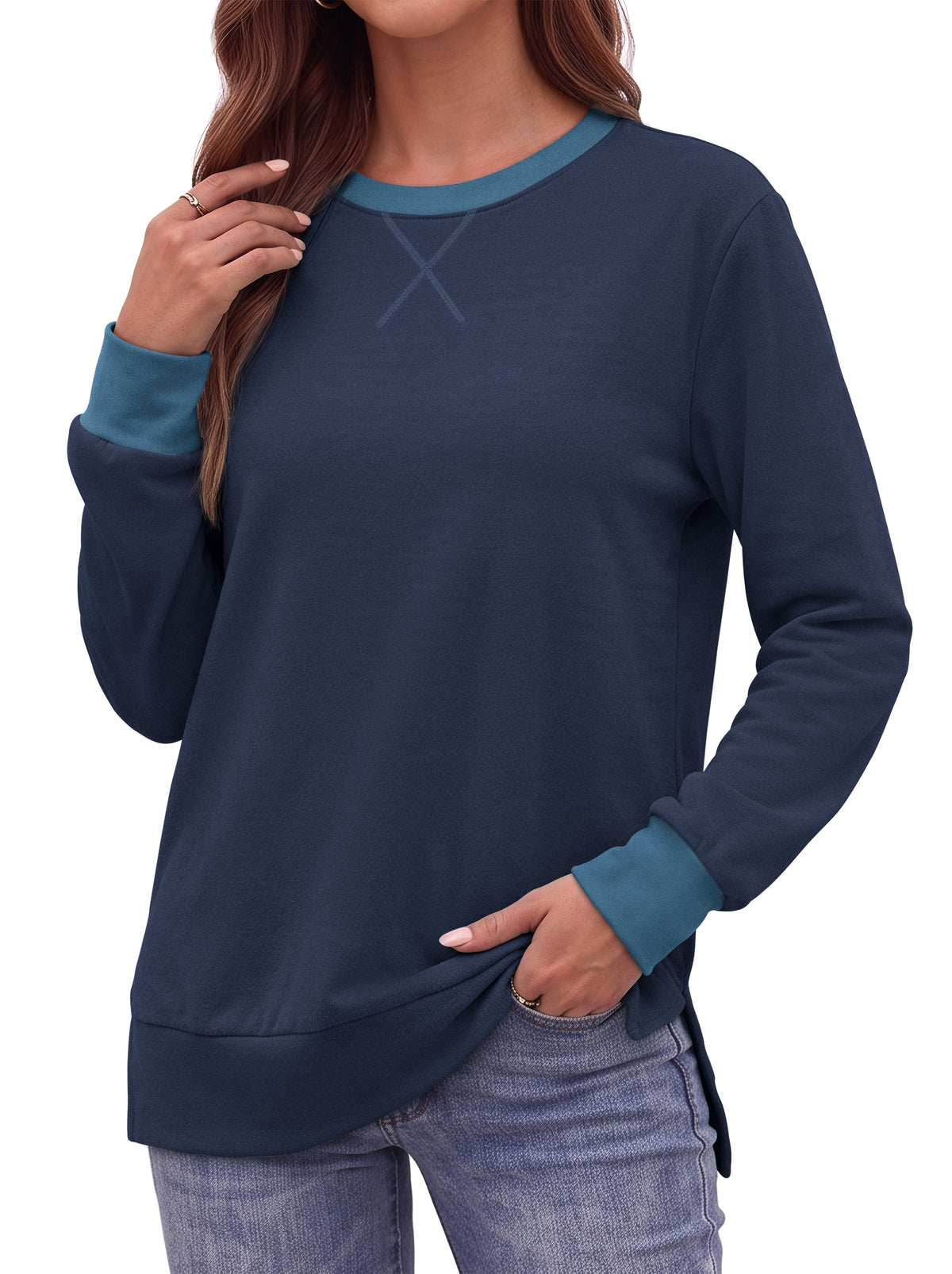 MOSHU Color Block Sweatshirts for Women Side Split Long Sleeve Shirts Crewneck Fall Womens Tops Casual Outfits