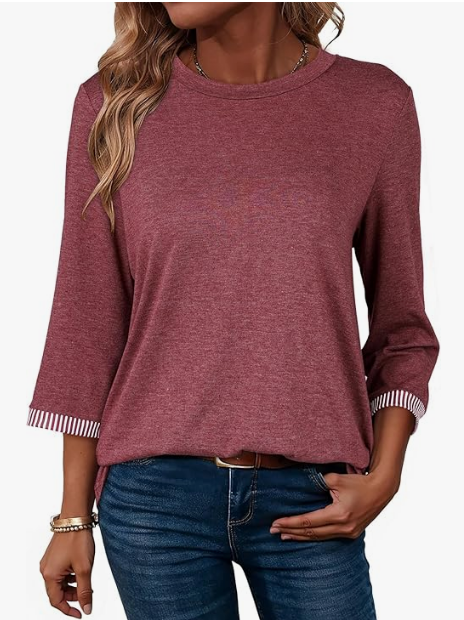 MOSHU 3/4 Sleeve Tops for Women Crew Neck Ribbed Cuff Tops Lightweight Summer Casual Dressy Shirts