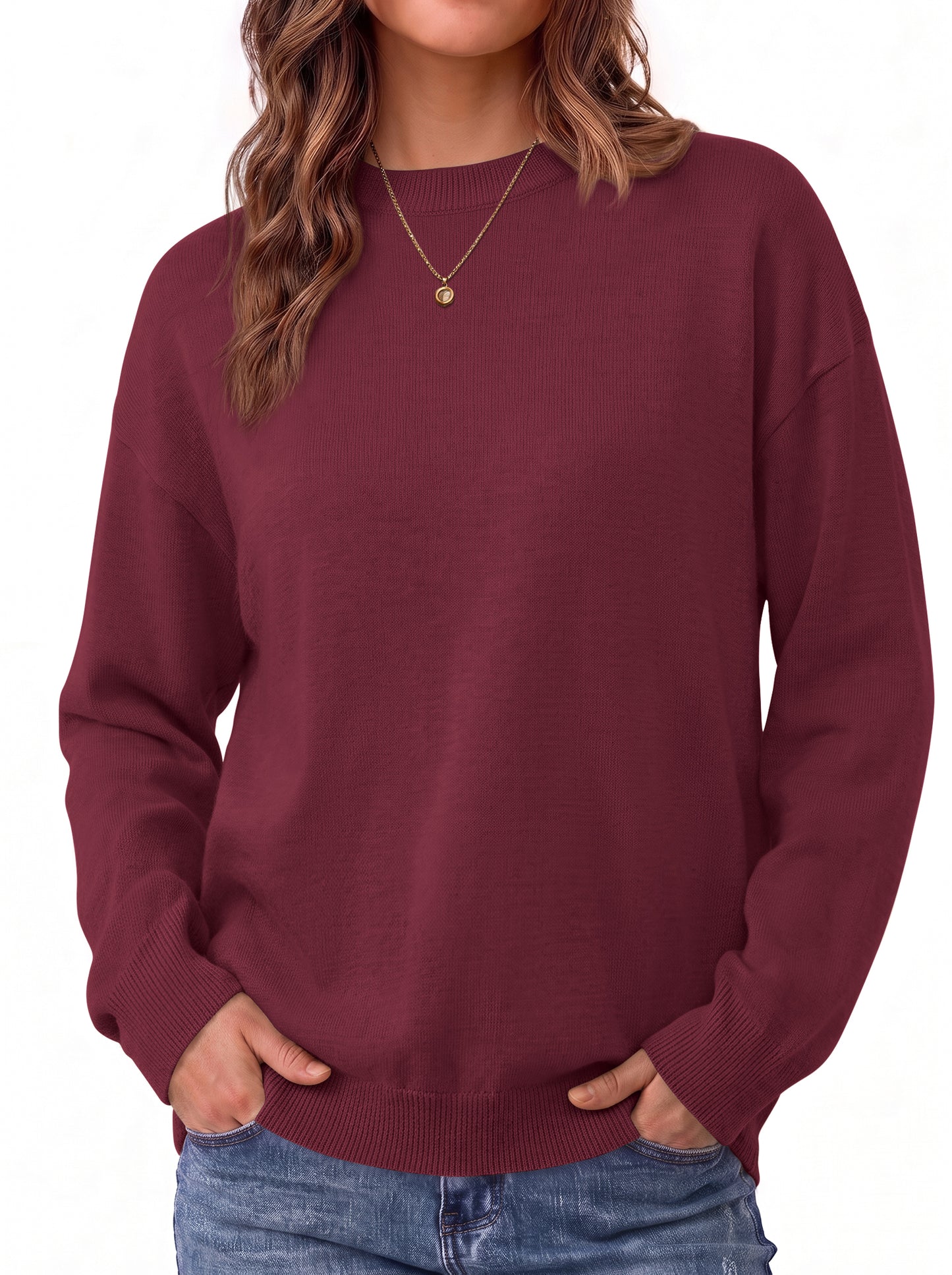 MOSHU Crewneck Sweaters for Women Drop Shoulder Women Sweaters Long Sleeves Fall Tops Knit Pullover Sweaters