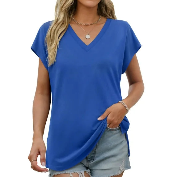 MOSHU V Neck T-Shirts for Womens Side Split Short Sleeve Shirts Loose Fit Tee Dressy Casual Women Tops