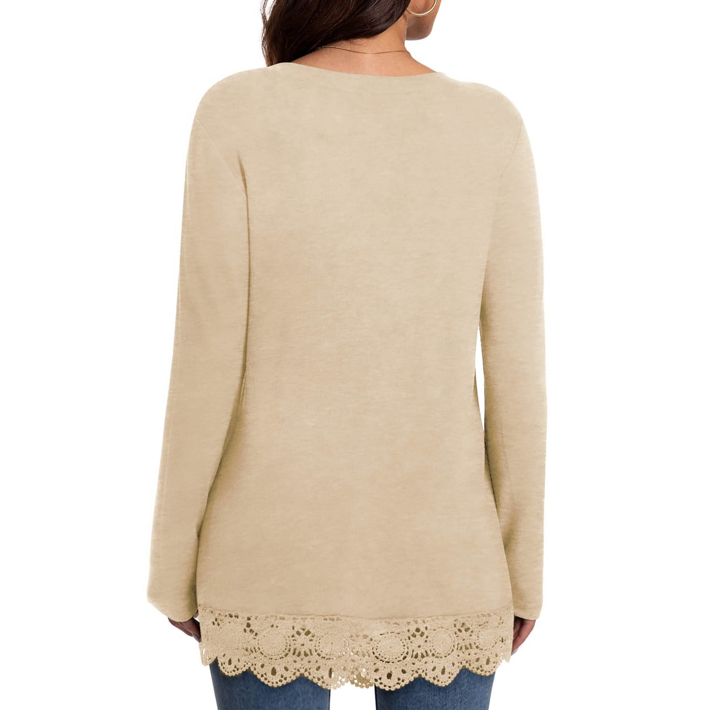 MOSHU Long Sleeve Tops for Women V-neck Womens Blouses Lace Hem Casual Shirts
