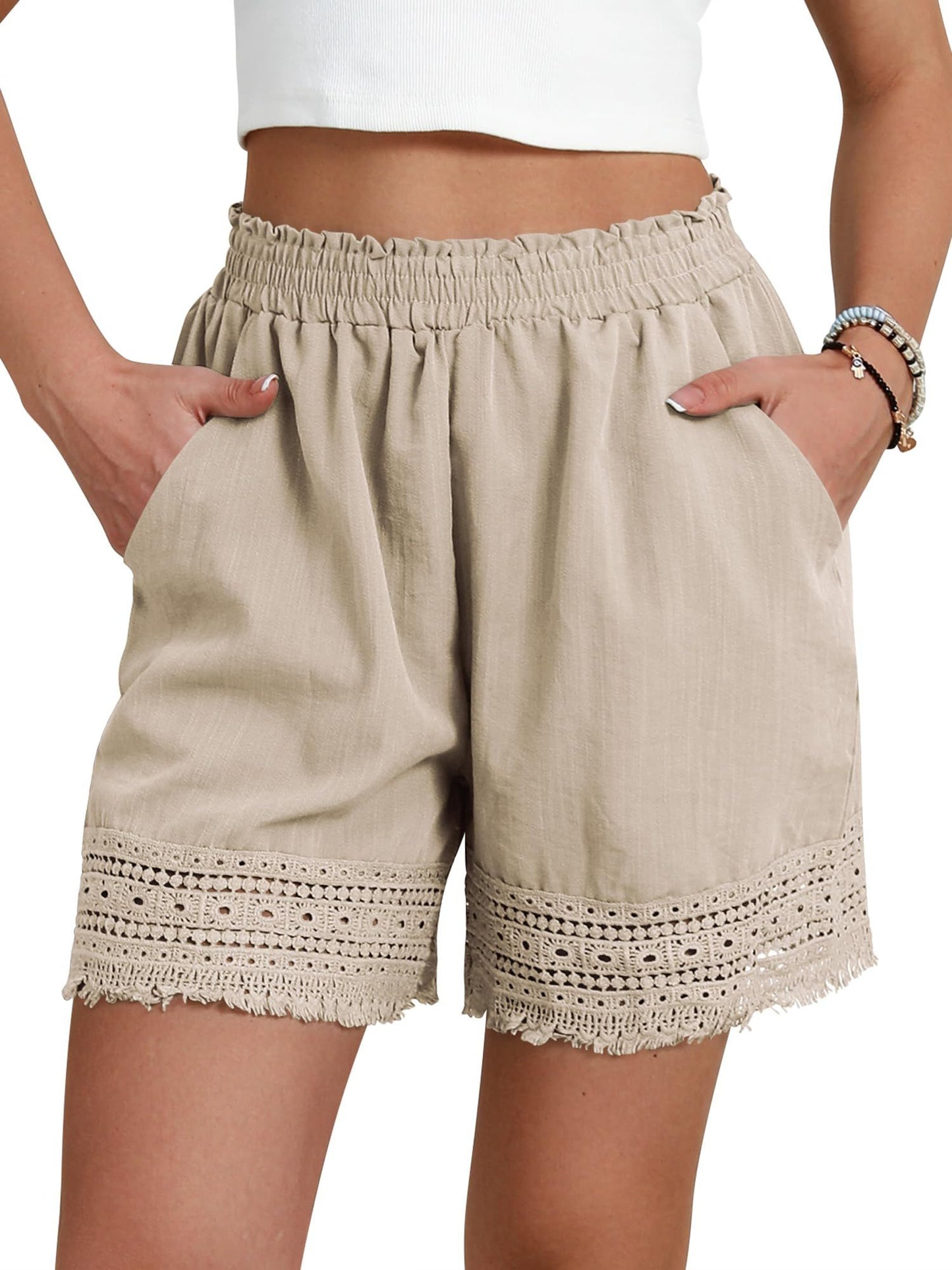 MOSHU High Waisted Shorts for Women Cotton Lounge Shorts Dressy Lace Trim Summer Beach Pants with Pockets