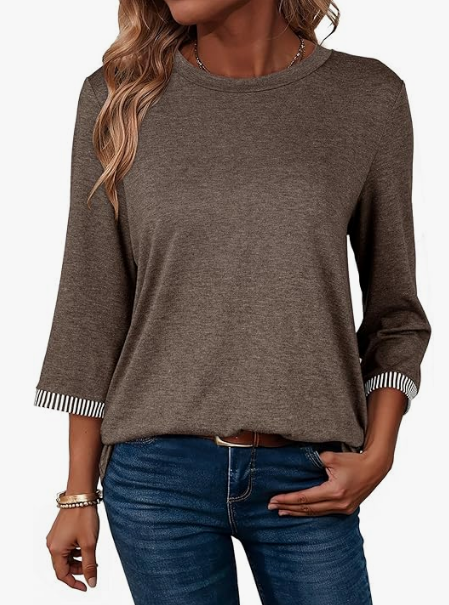 MOSHU 3/4 Sleeve Tops for Women Crew Neck Ribbed Cuff Tops Lightweight Summer Casual Dressy Shirts