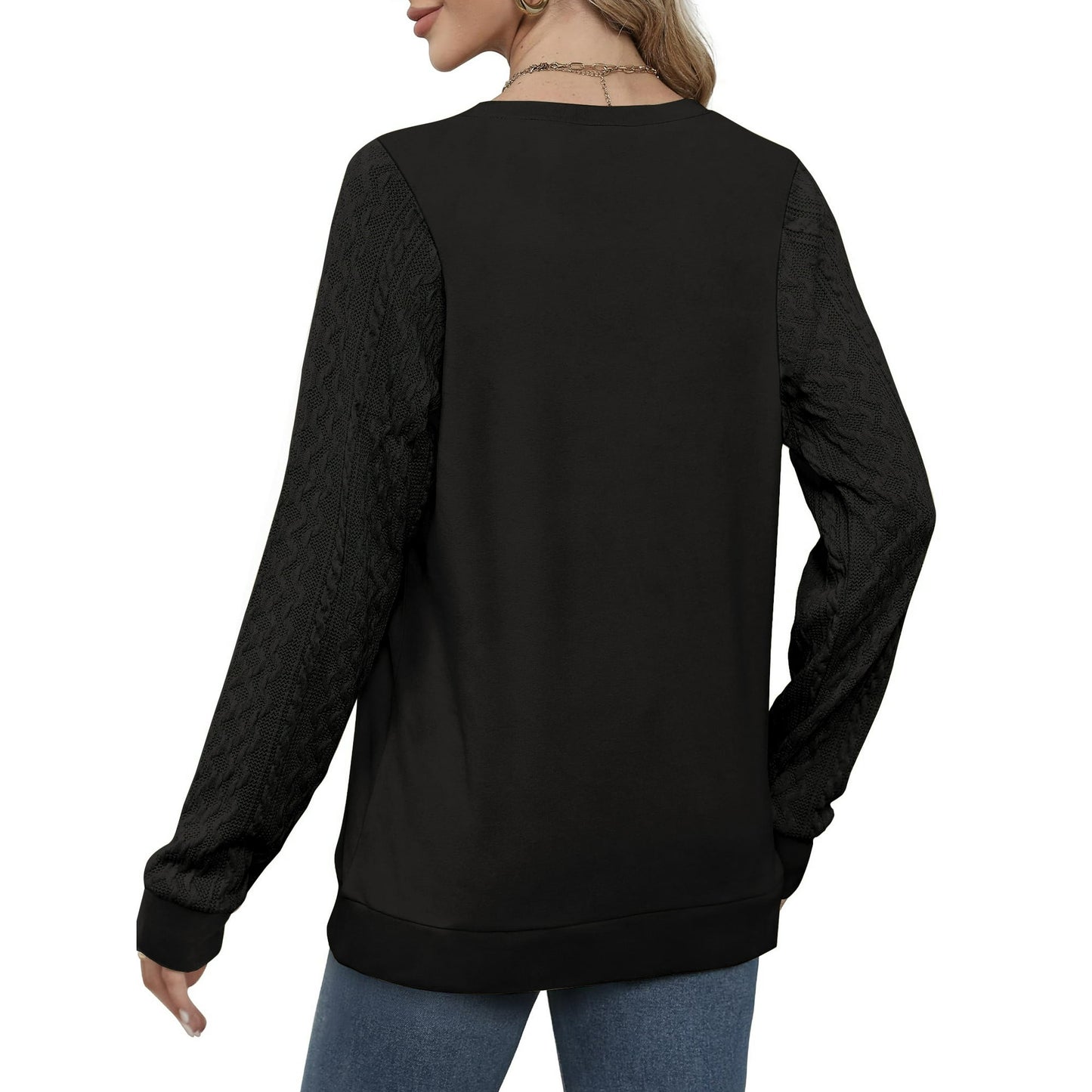 MOSHU Sweatshirts for Women Crewneck Cable Knit Sleeve Shirts Lightweight Fashion Womens Tops Fall Sweaters