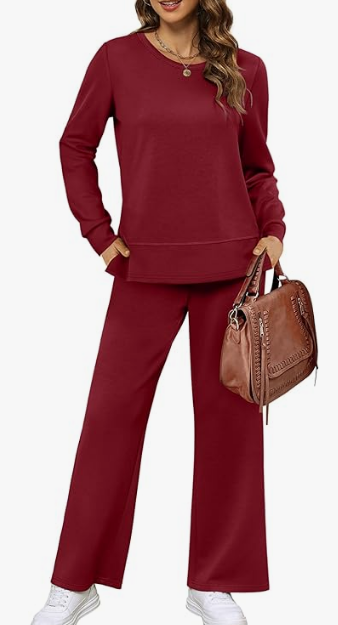 MOSHU Two Piece Sets for Women Casual Fall Outfits Sets Slit Side Stiching Tops and Wide Leg Pants with Pockets Trendy Cozy Tracksuits
