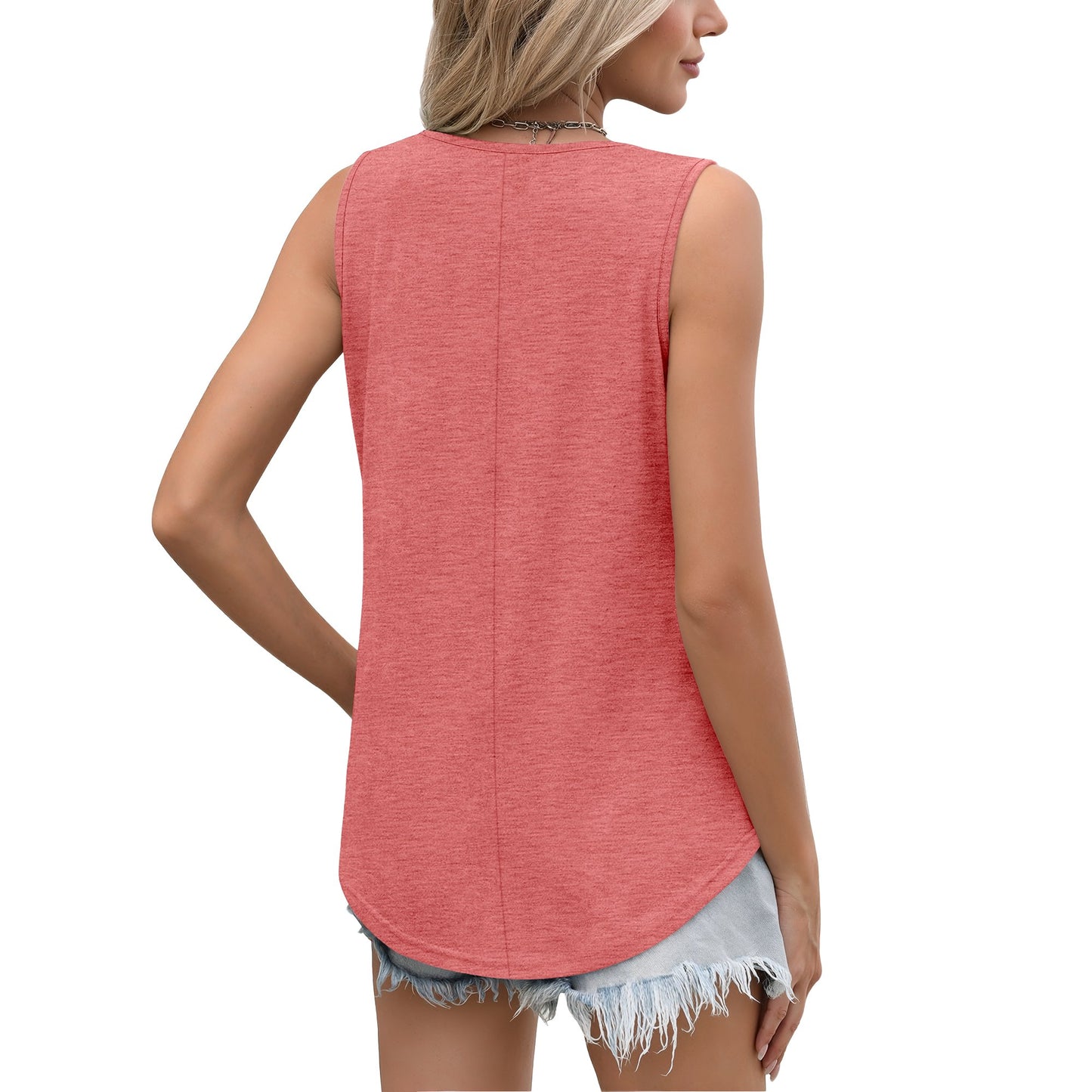 MOSHU V Neck Tank Tops for Women Flowy Pleated Sleeveless Shirts Loose Fit Women Tops Dressy Curved Hem Summer Tops
